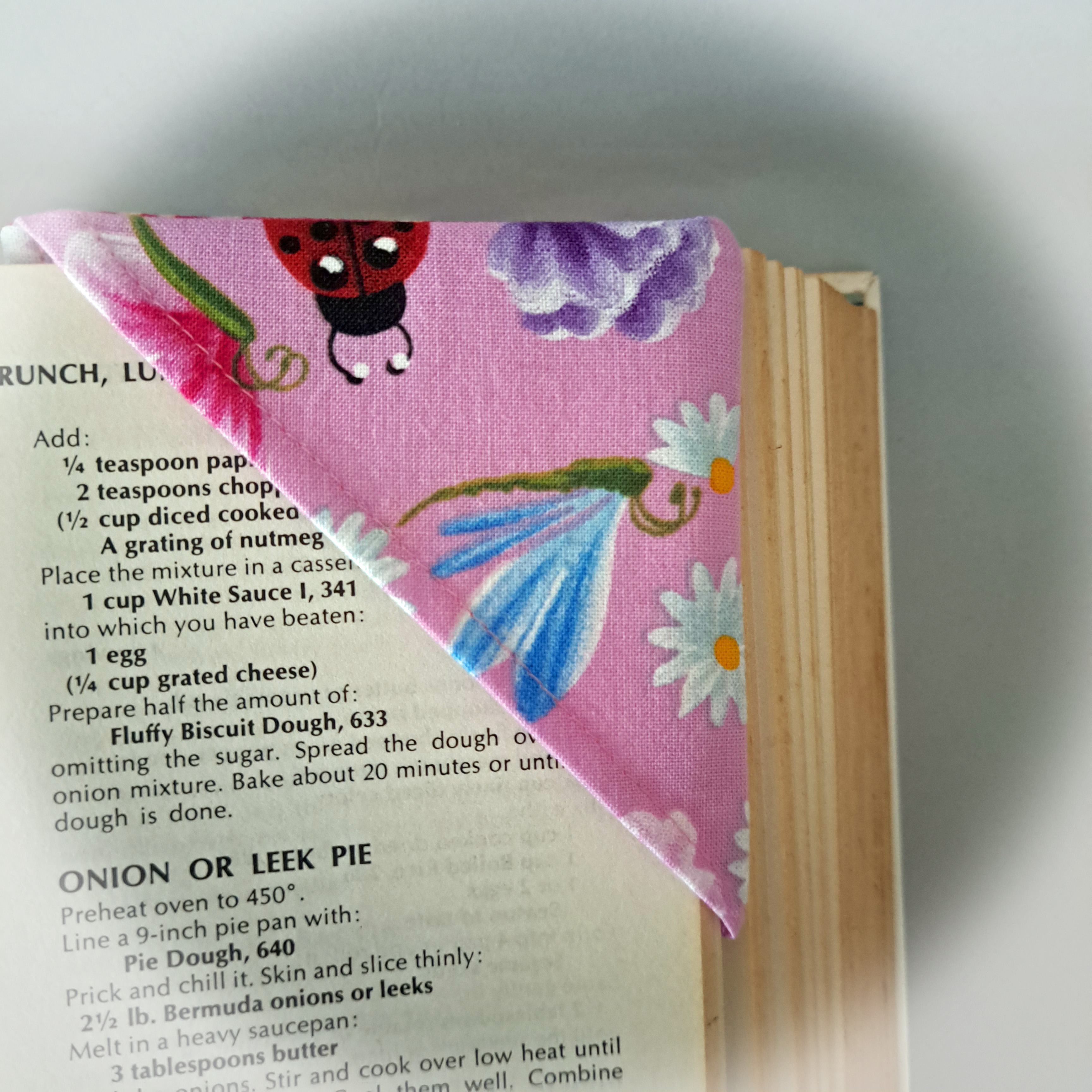 Handmade Fabric Corner Bookmark - Pink with Ladybugs