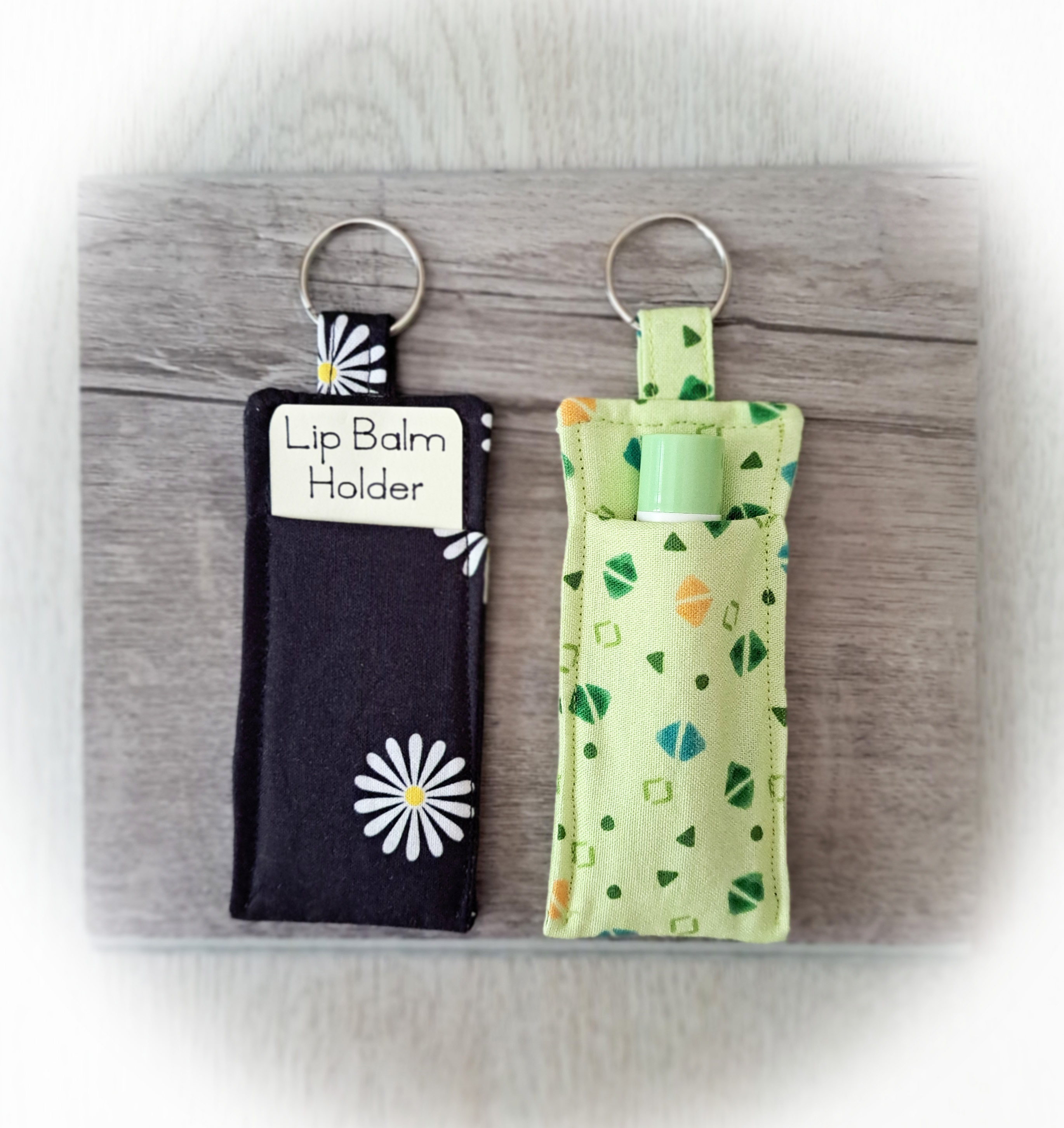 Handmade Fabric Lip Balm Holder with Rotating Clasp - Daisy or Green - Single or Set of Both