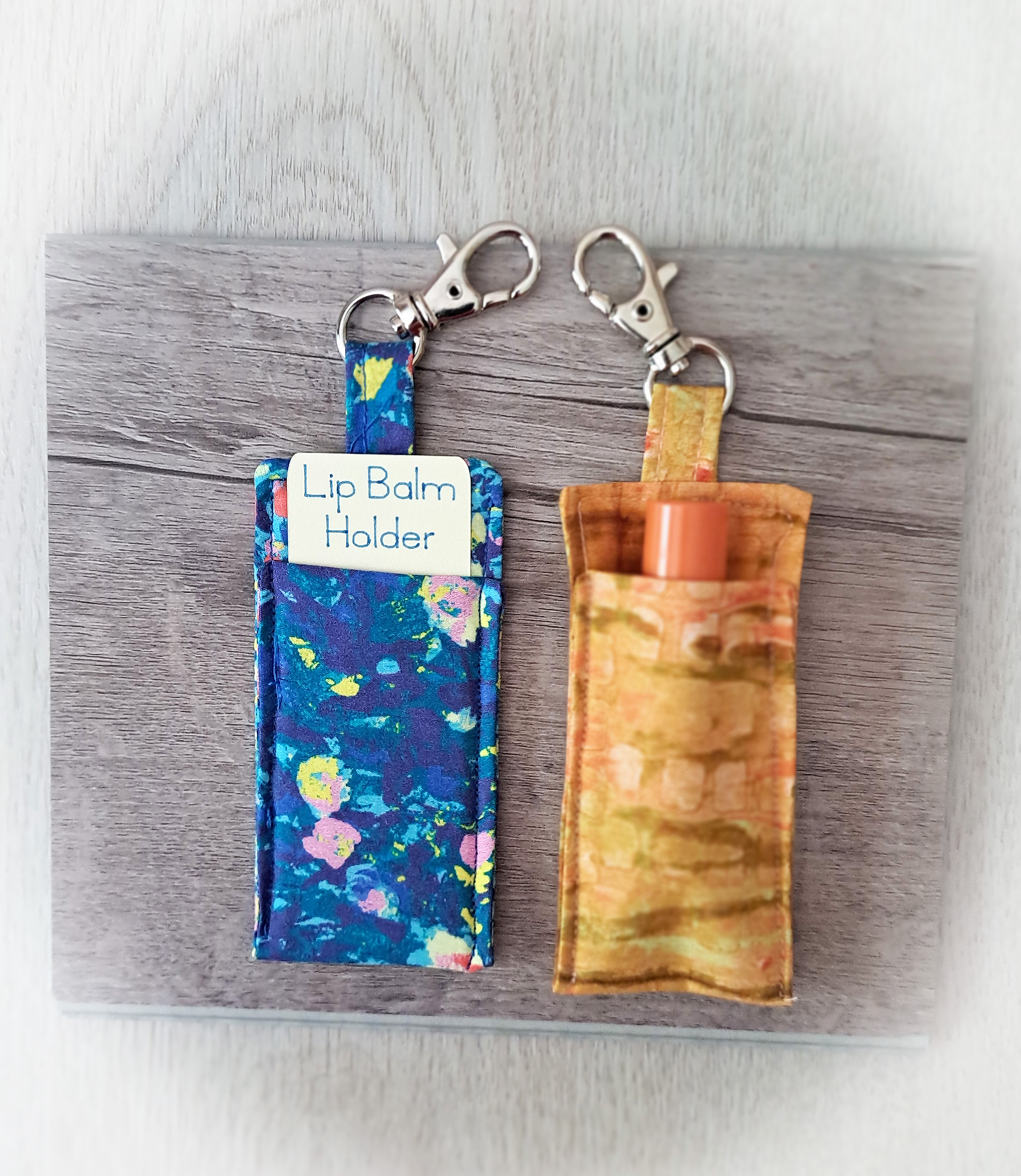 Handmade Fabric Lip Balm Holder with Rotating Clasp - Blue Flower or Orange  - Single or Set of Both