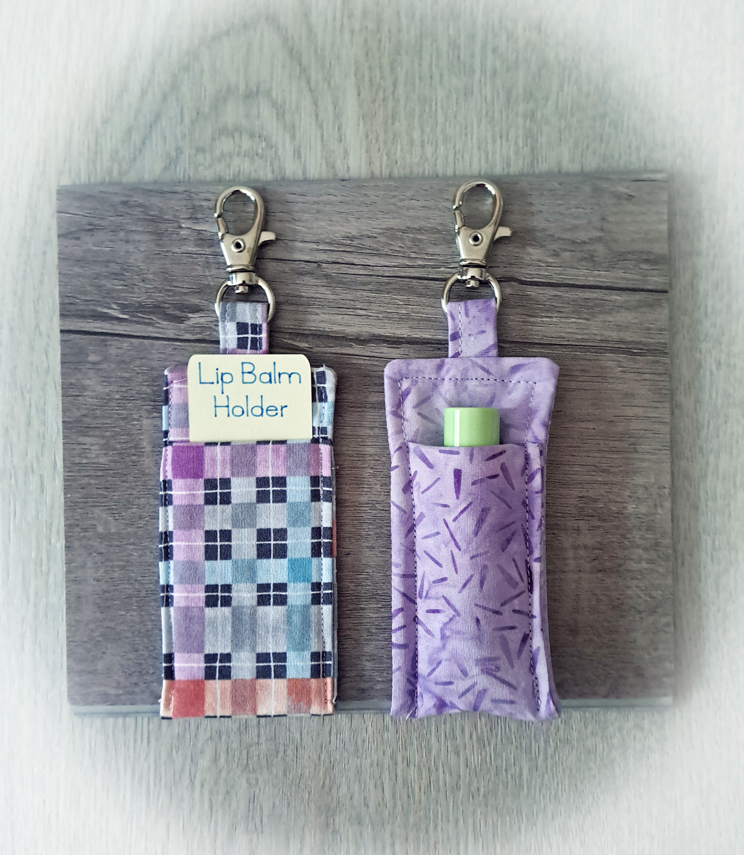 Handmade Fabric Lip Balm Holder with Rotating Clasp - Purple Checks or Purple Batik  - Single or Set of Both
