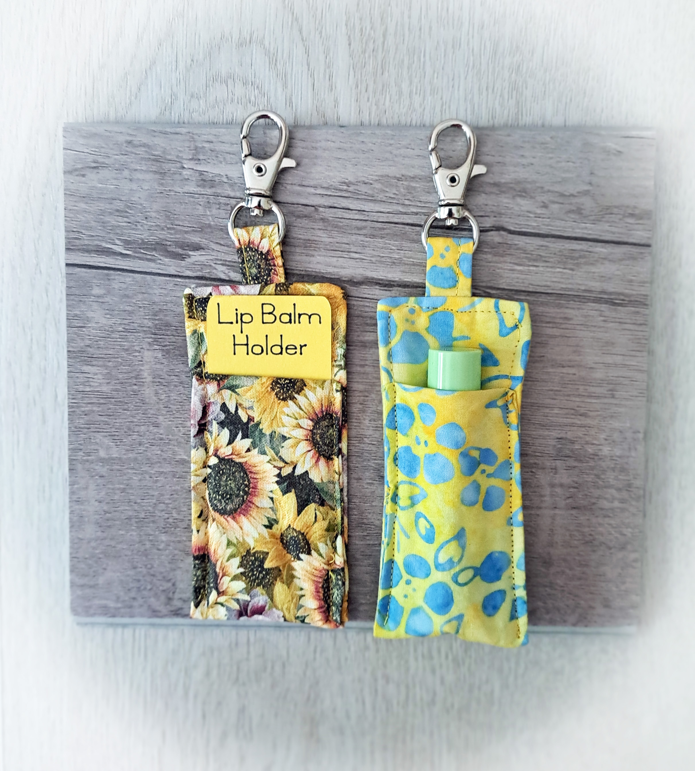 Handmade Fabric Lip Balm Holder with Rotating Clasp - Sunflower or Yellow/Green Batik - Single or Set of Both