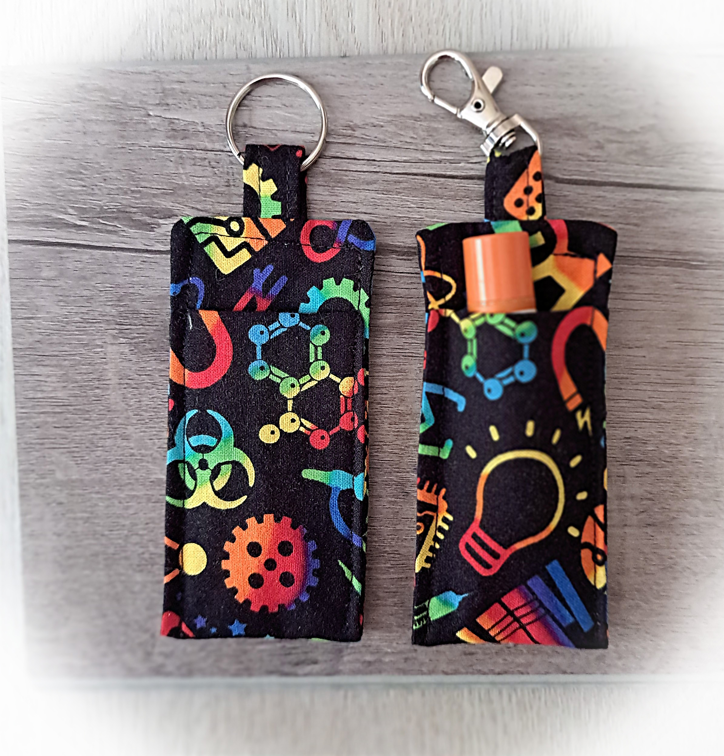 Handmade Fabric Lip Balm Holder - Chemistry Elements (Clasp or Ring) - Single or Set of Both
