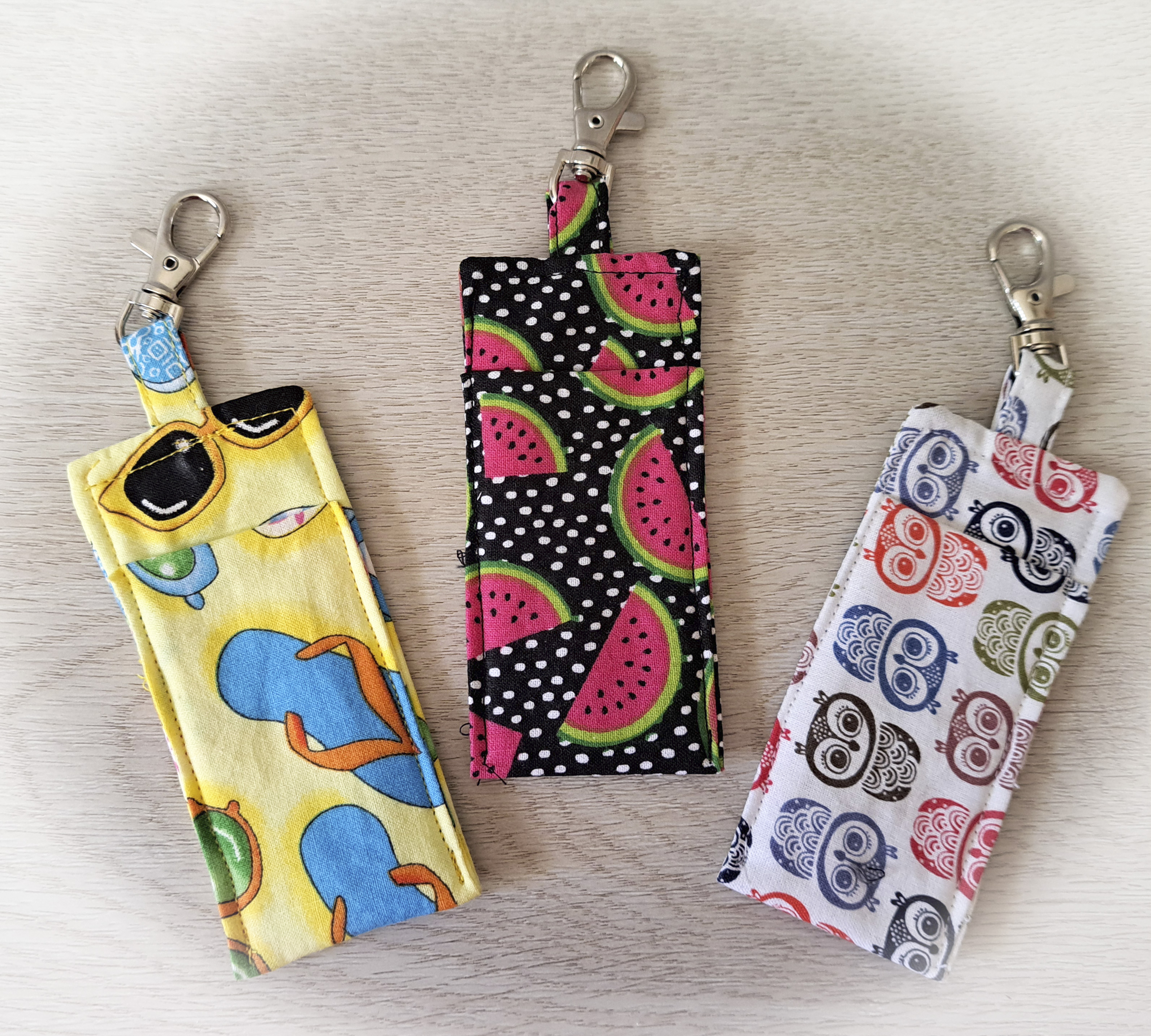 Handmade Fabric Lip Balm Holder with Rotating Clasp - Summertime, Watermelon or Owls - Single or Set of 3