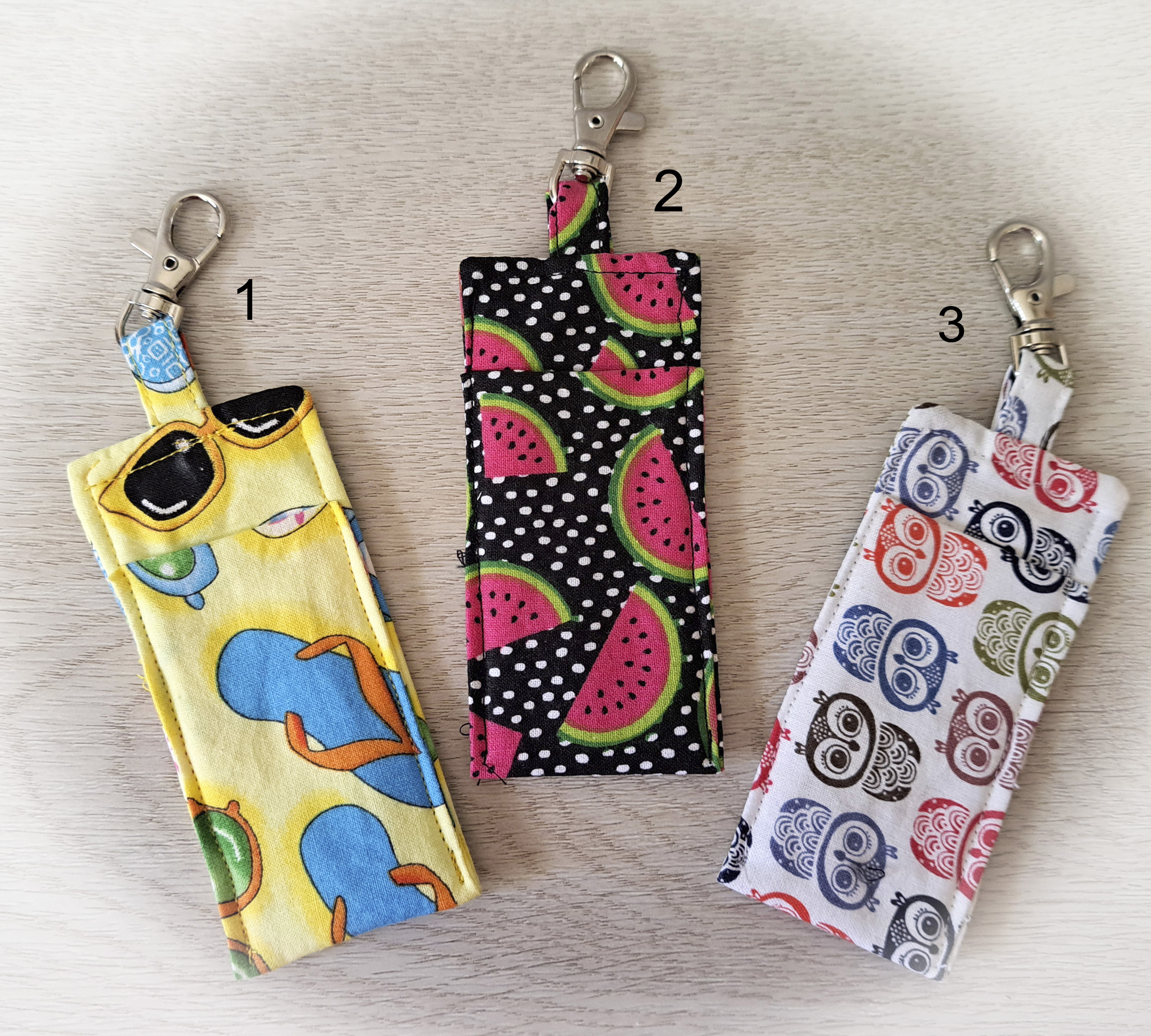 Handmade Fabric Lip Balm Holder with Rotating Clasp - Summertime, Watermelon or Owls - Single or Set of 3