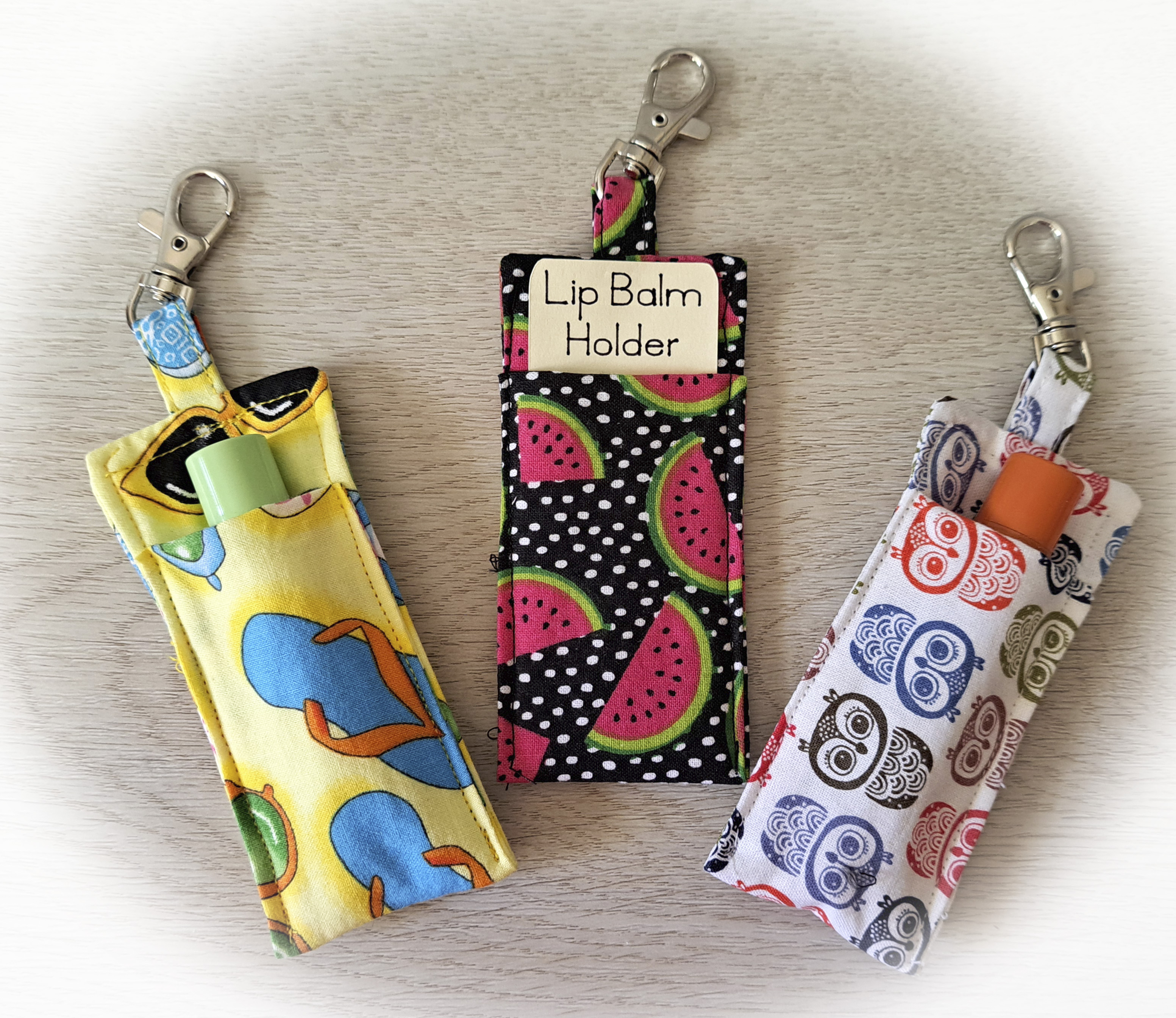 Handmade Fabric Lip Balm Holder with Rotating Clasp - Summertime, Watermelon or Owls - Single or Set of 3