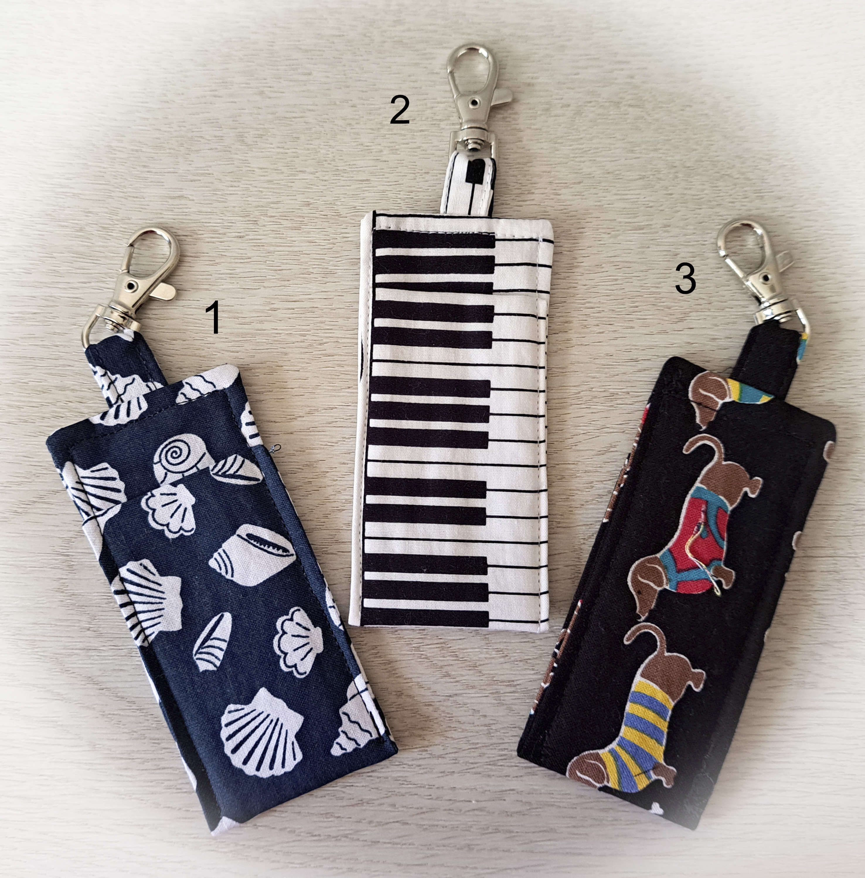 Handmade Fabric Lip Balm Holder with Rotating Clasp - Seashells, Piano Keys, Dogs - Single or Set of 3