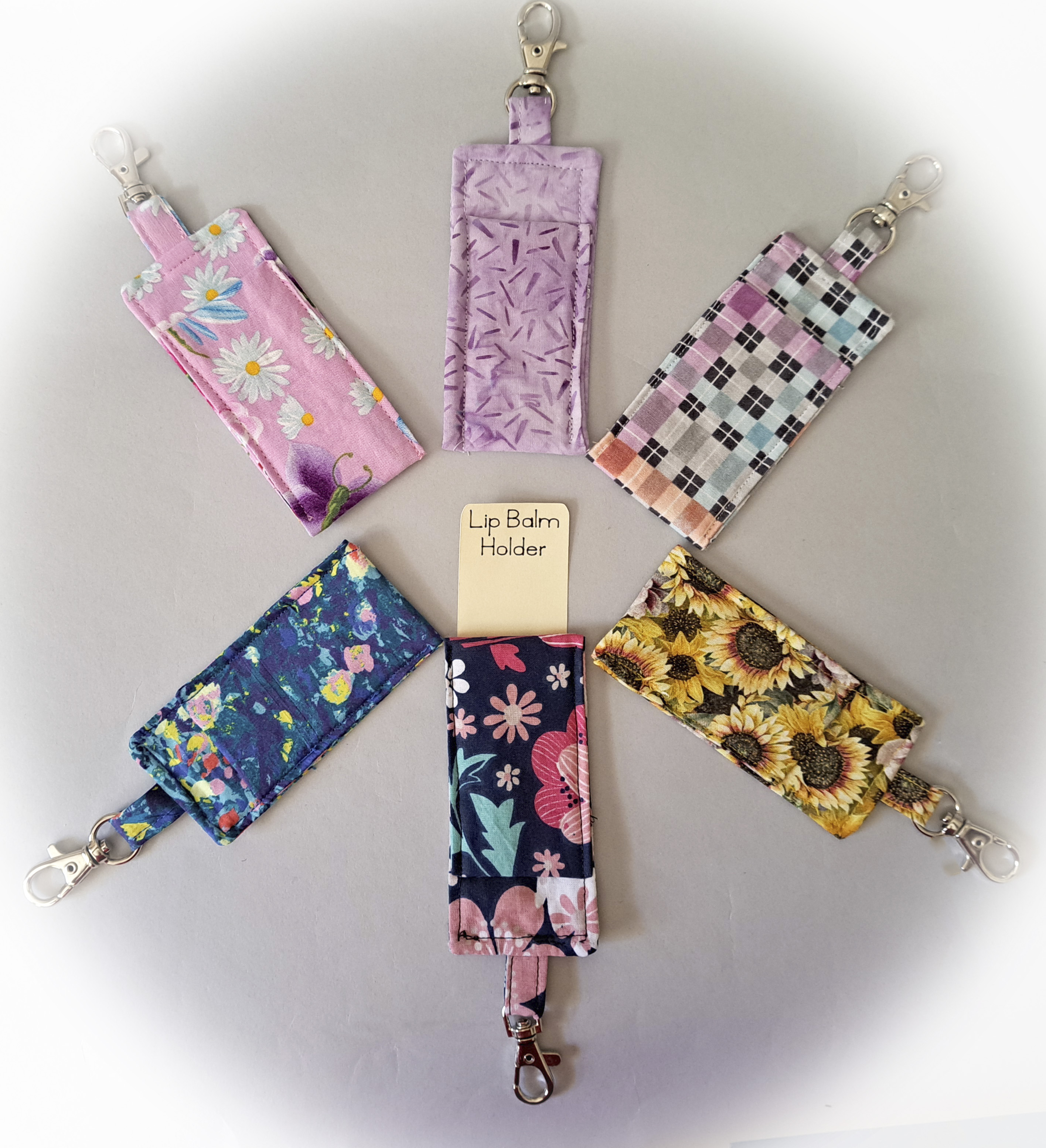 Handmade Fabric Lip Balm Holder with Rotating Clasp - Blue Flowers, Pink Flowers or Pink Peace Sign - Single or Set of 3