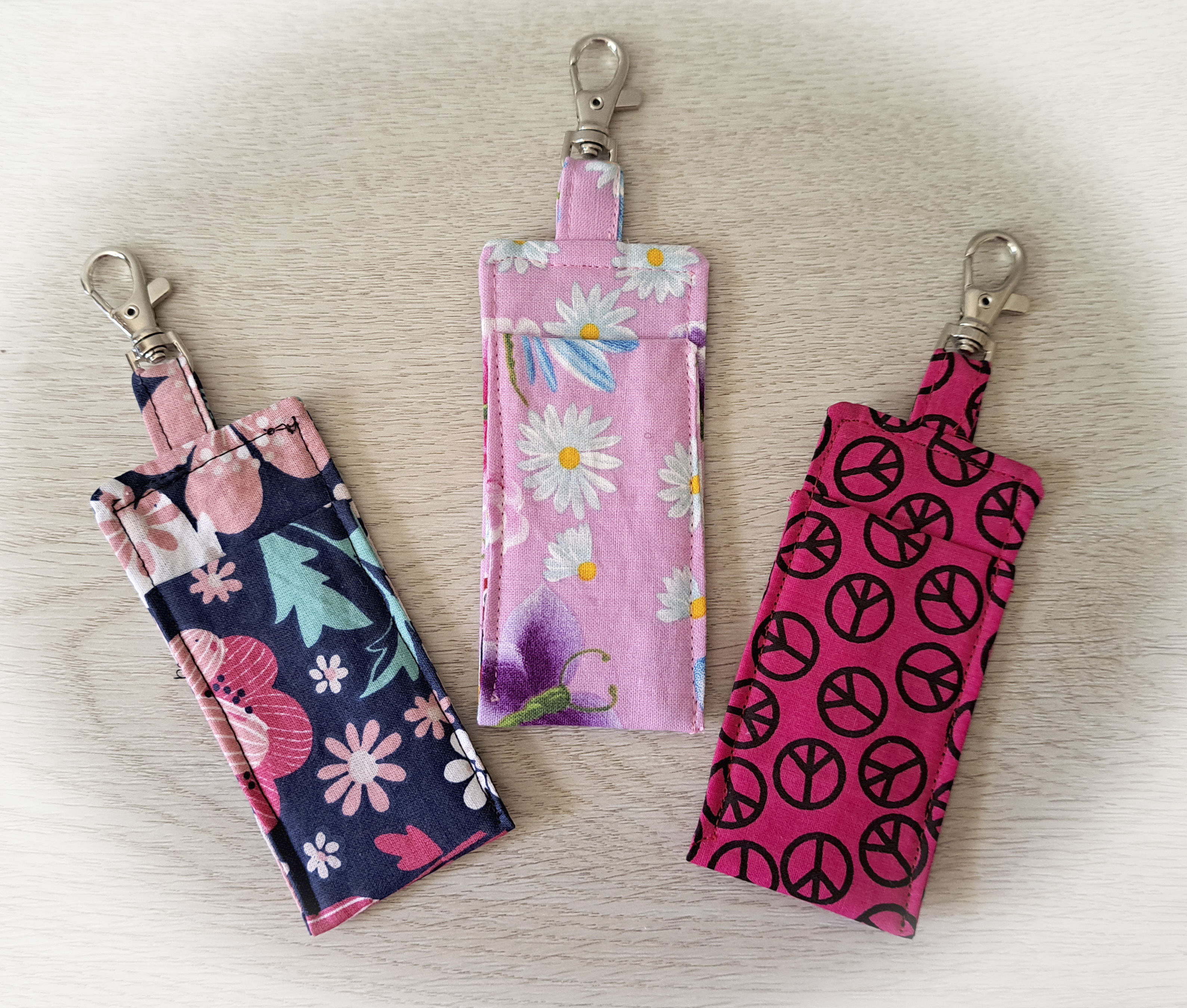Handmade Fabric Lip Balm Holder with Rotating Clasp - Blue Flowers, Pink Flowers or Pink Peace Sign - Single or Set of 3