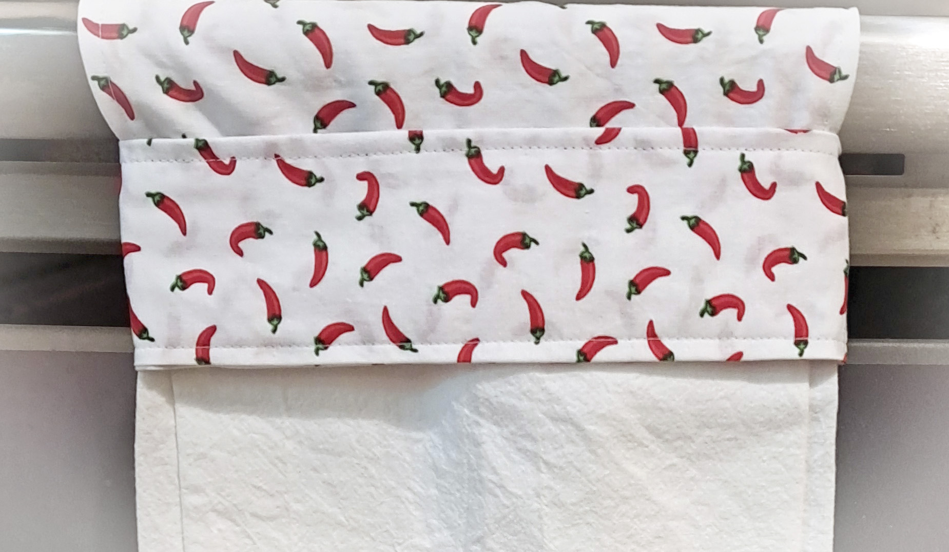 Handmade Hanging Dish Towel for Oven - White Fabric with Red Hot Pepper Print