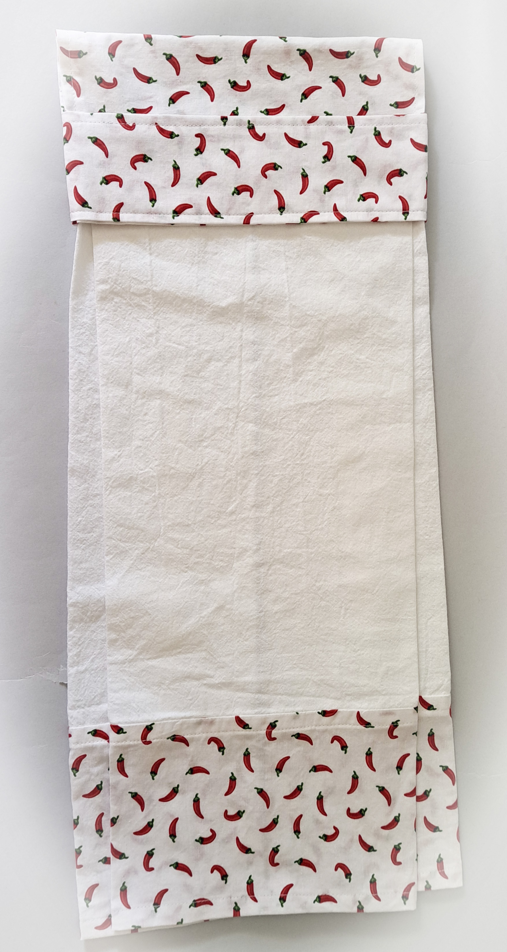 Handmade Hanging Dish Towel for Oven - White Fabric with Red Hot Pepper Print