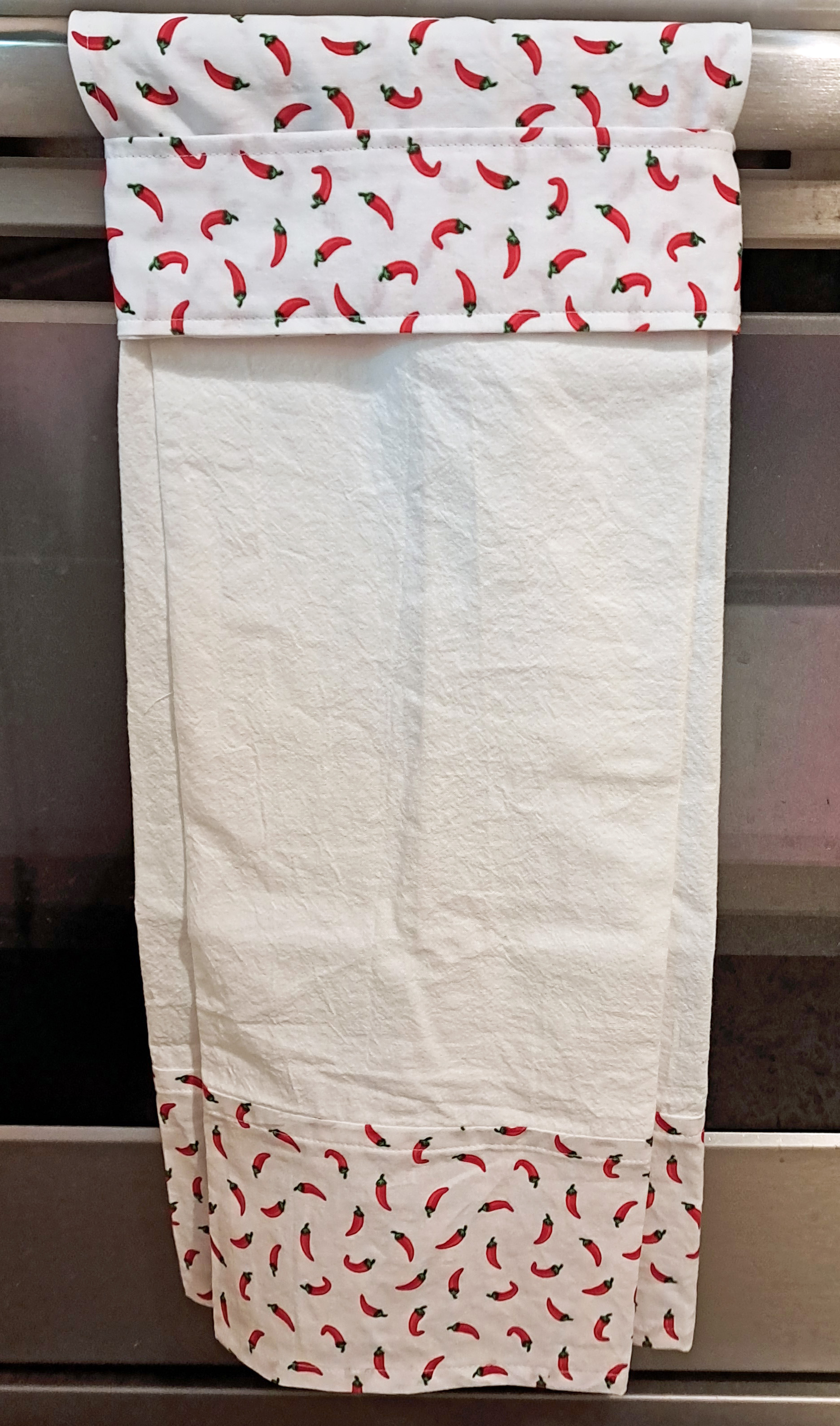 Handmade Hanging Dish Towel for Oven - White Fabric with Red Hot Pepper Print