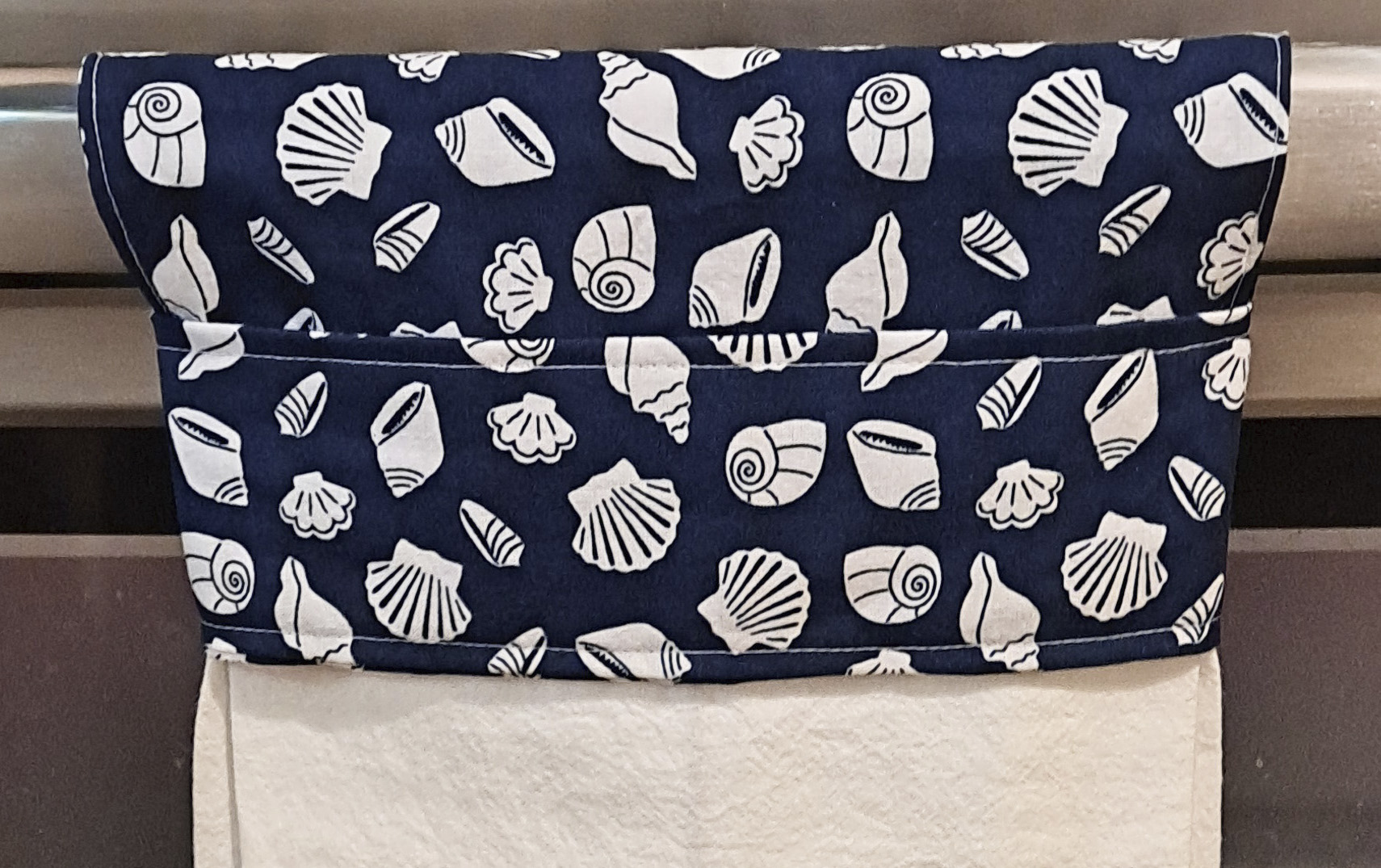 Handmade Hanging Dish Towel for Oven - Dark Blue Seashell Fabric