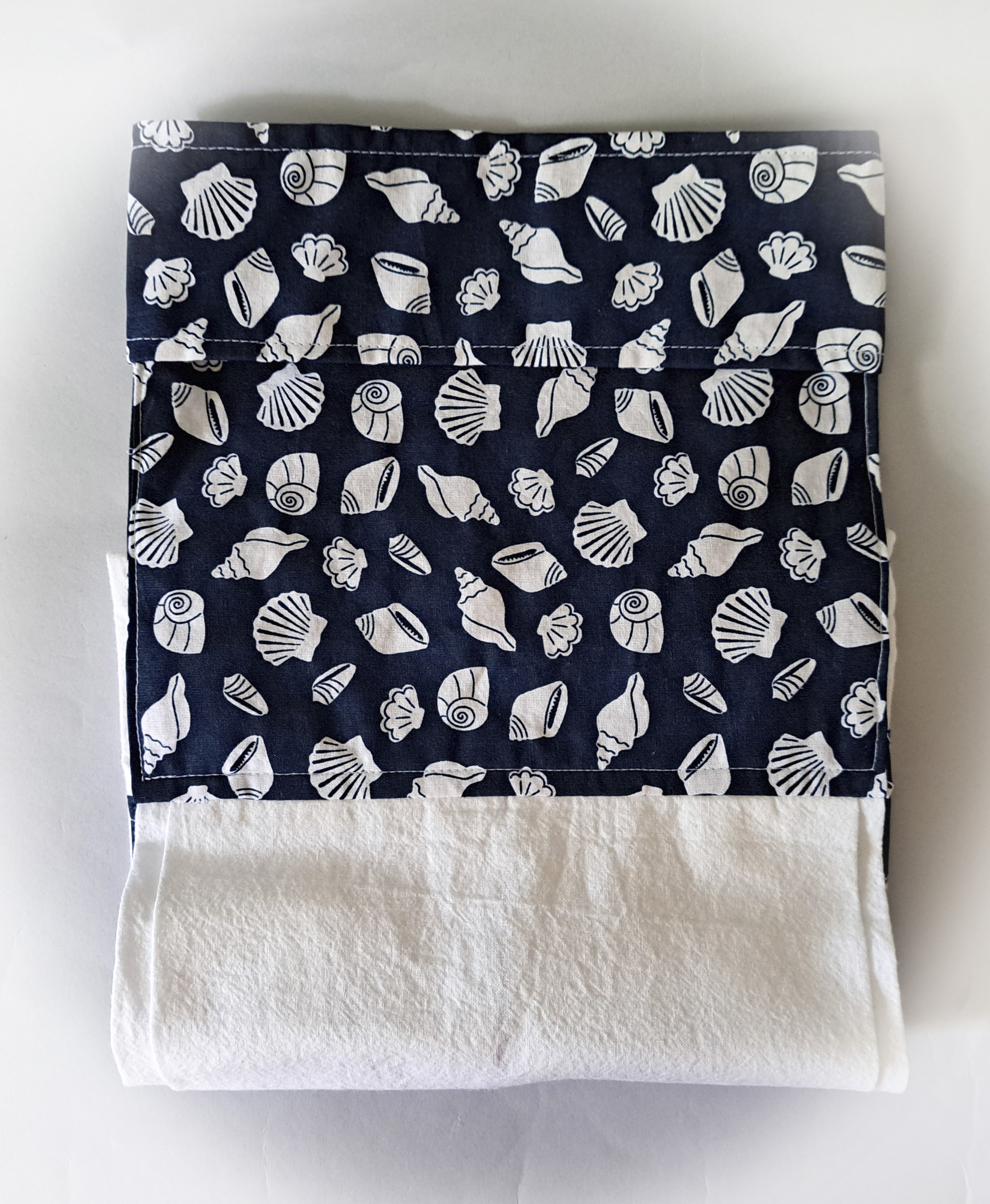 Handmade Hanging Dish Towel for Oven - Dark Blue Seashell Fabric