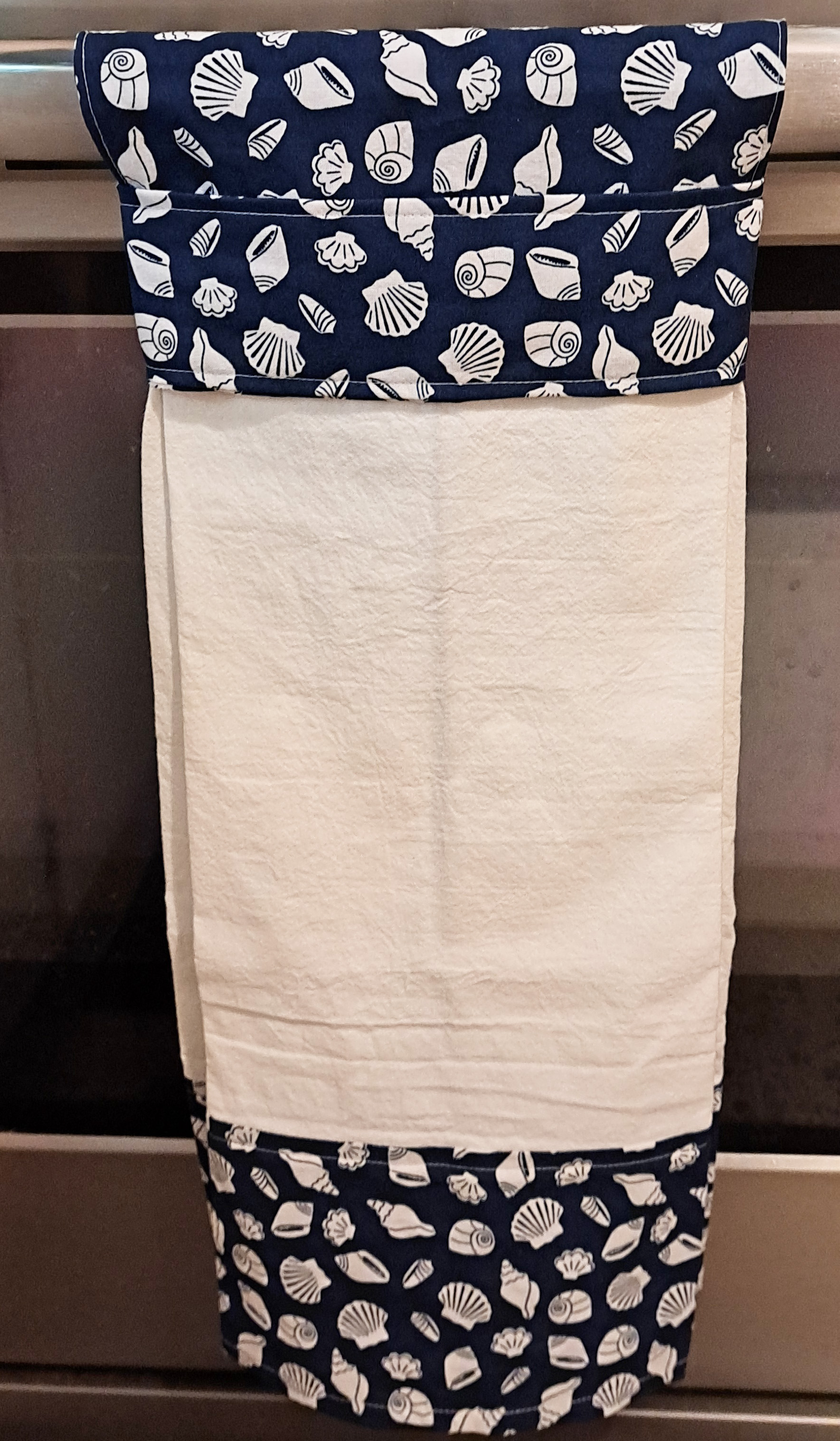 Handmade Hanging Dish Towel for Oven - Dark Blue Seashell Fabric