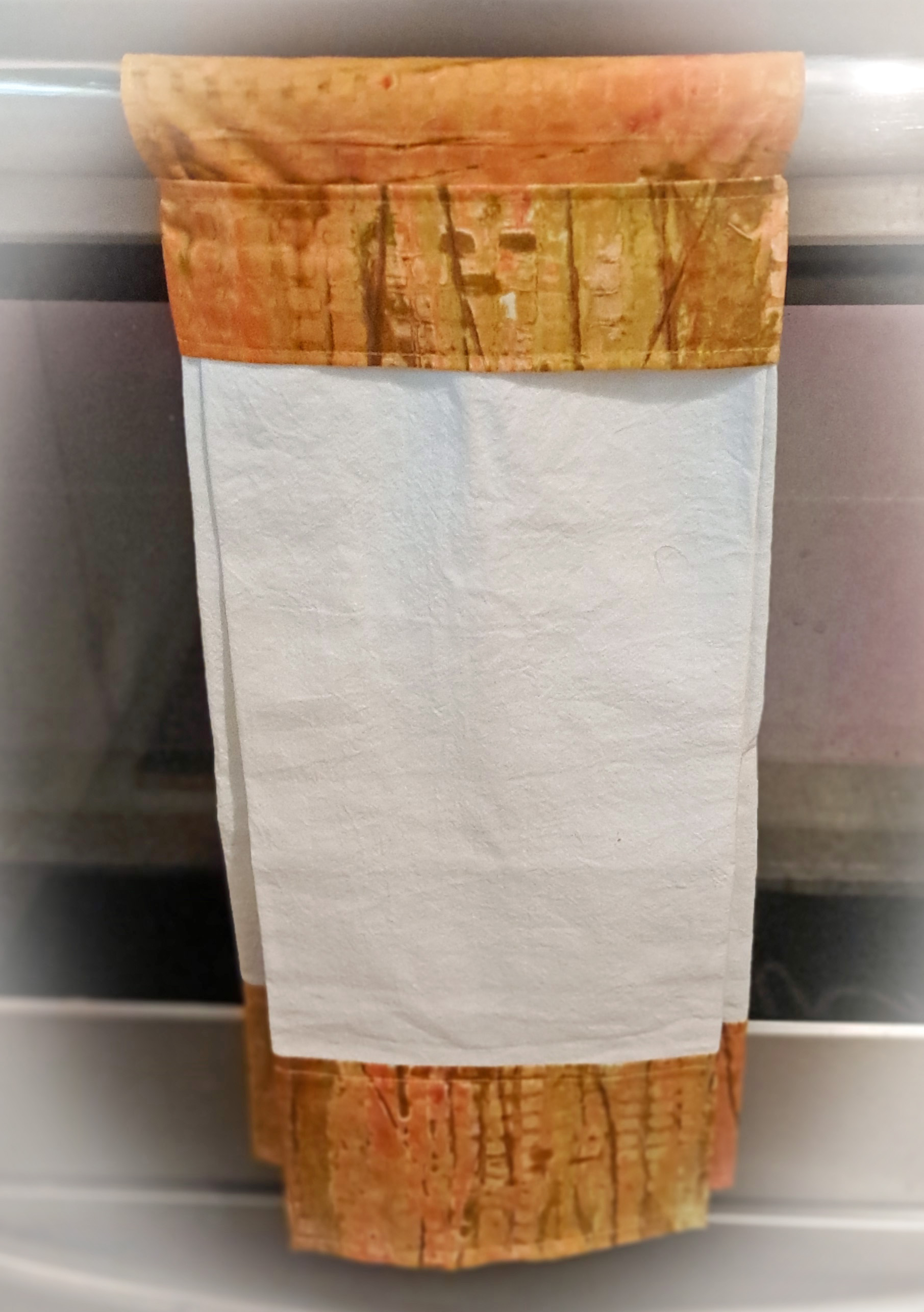 Handmade Hanging Dish Towel for Oven - Orange, Peach and Brown Fabric