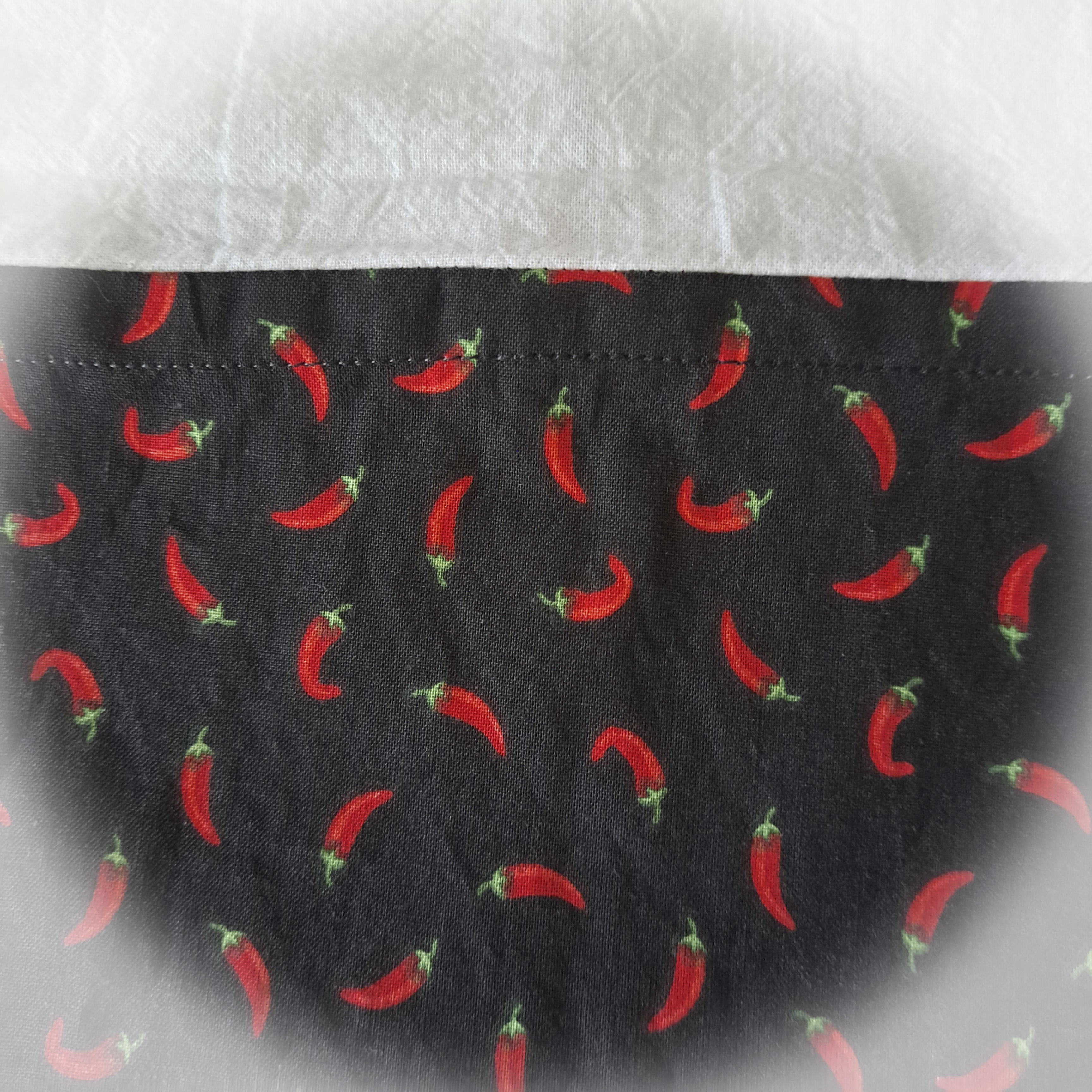 Handmade Hanging Dish Towel for Oven - Black with Red Peppers Fabric Accent