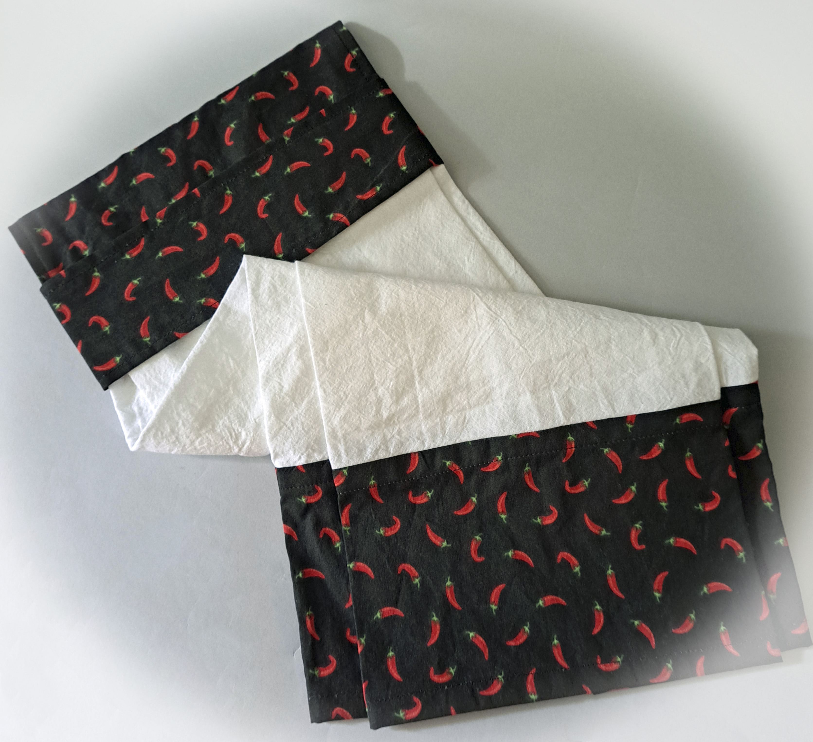 Handmade Hanging Dish Towel for Oven - Black with Red Peppers Fabric Accent