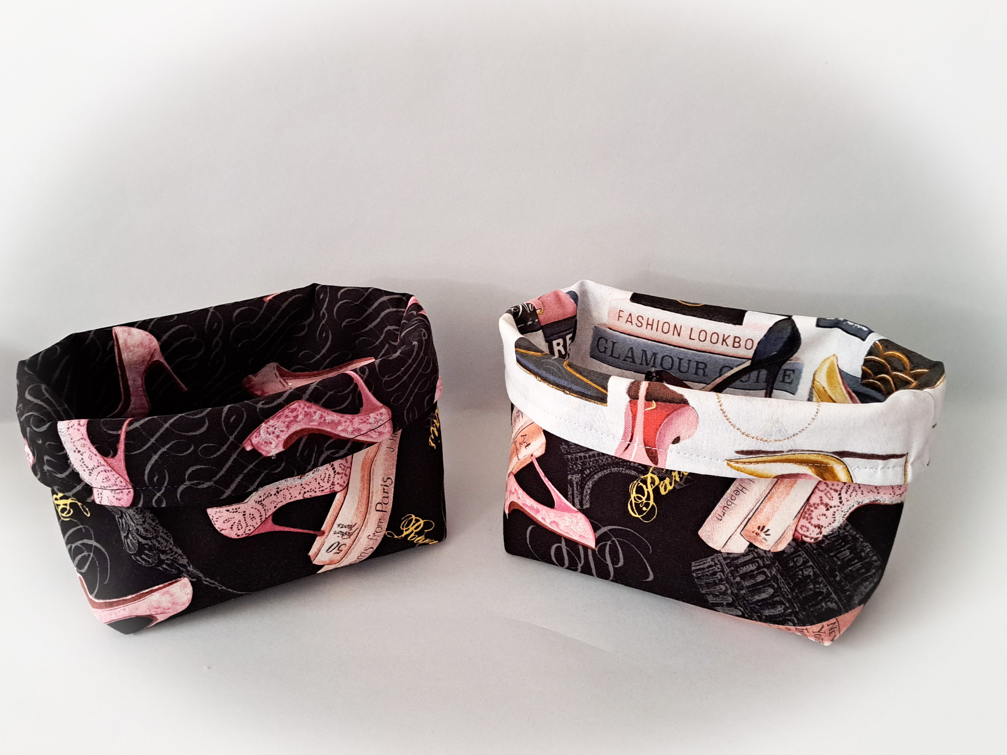 Handmade Fabric Storage or Gift Basket - Black or White Fabric with Glamourous Shoes 