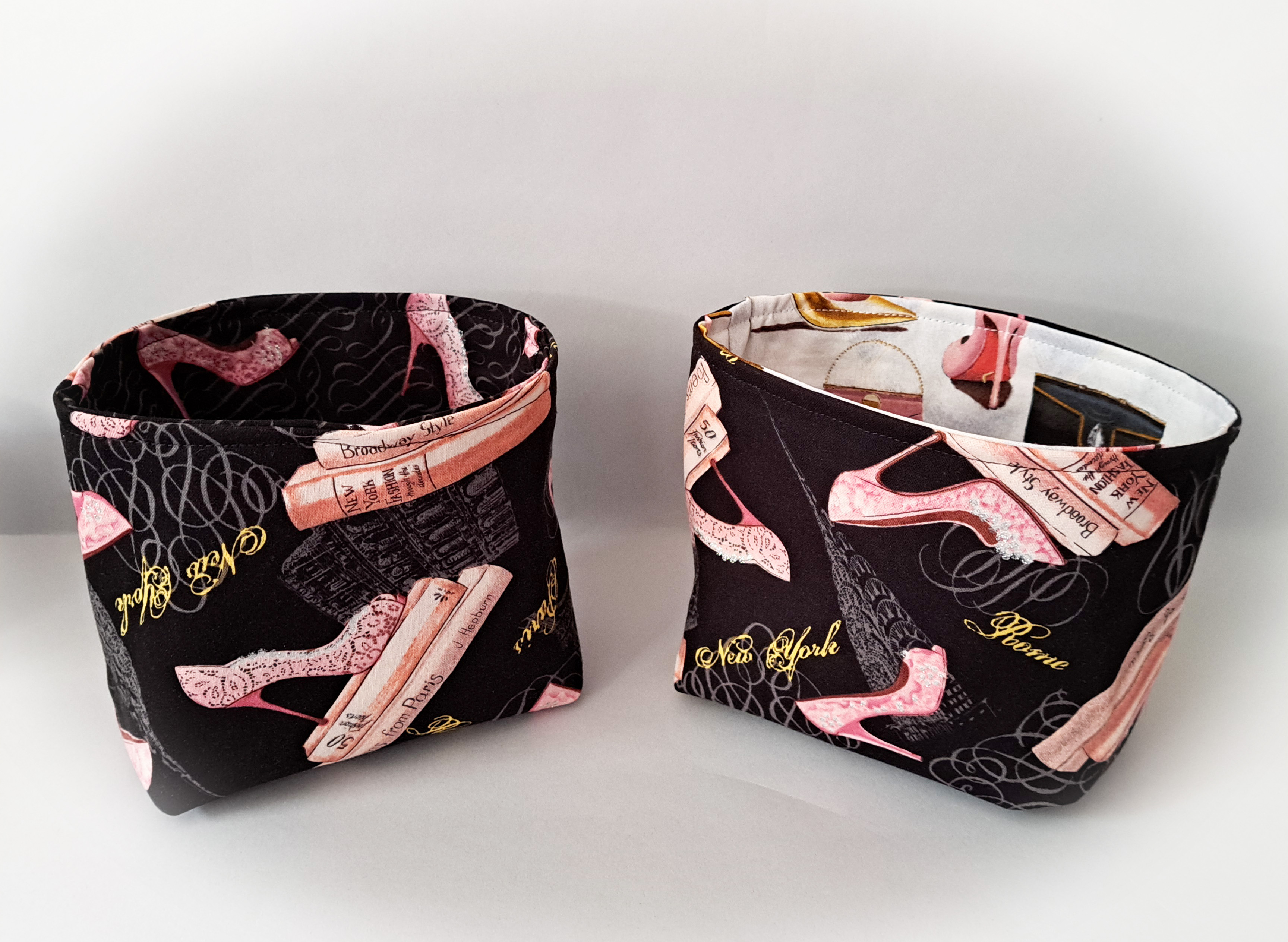 Handmade Fabric Storage or Gift Basket - Black or White Fabric with Glamourous Shoes 