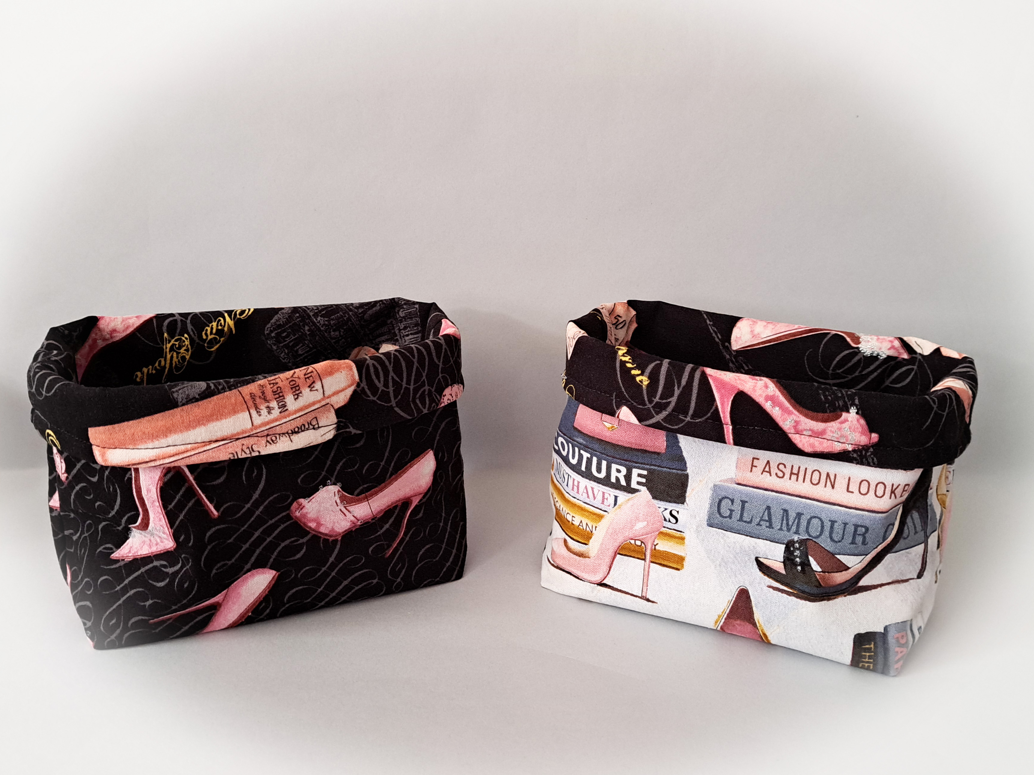 Handmade Fabric Storage or Gift Basket - Black or White Fabric with Glamourous Shoes 
