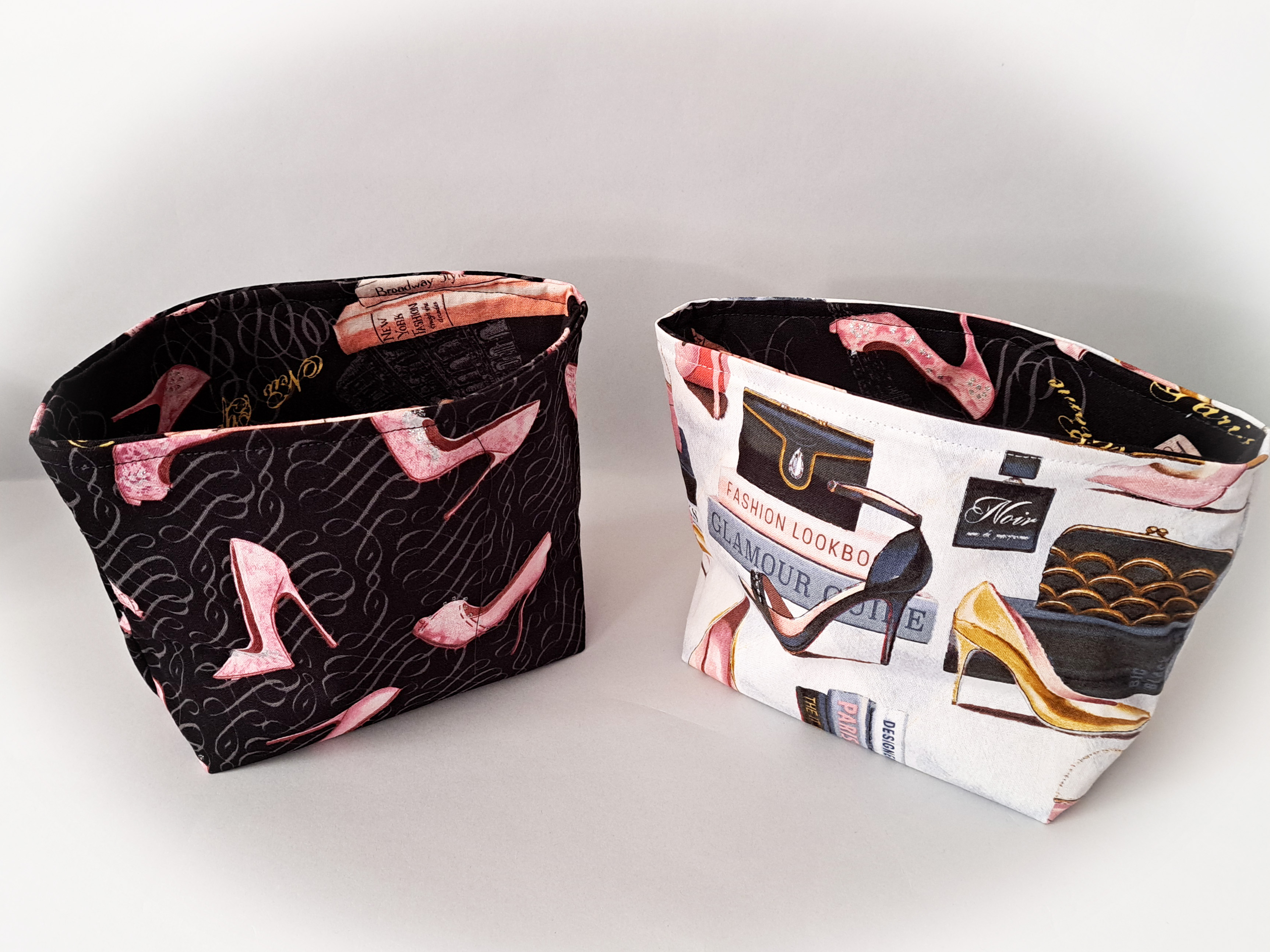 Handmade Fabric Storage or Gift Basket - Black or White Fabric with Glamourous Shoes 