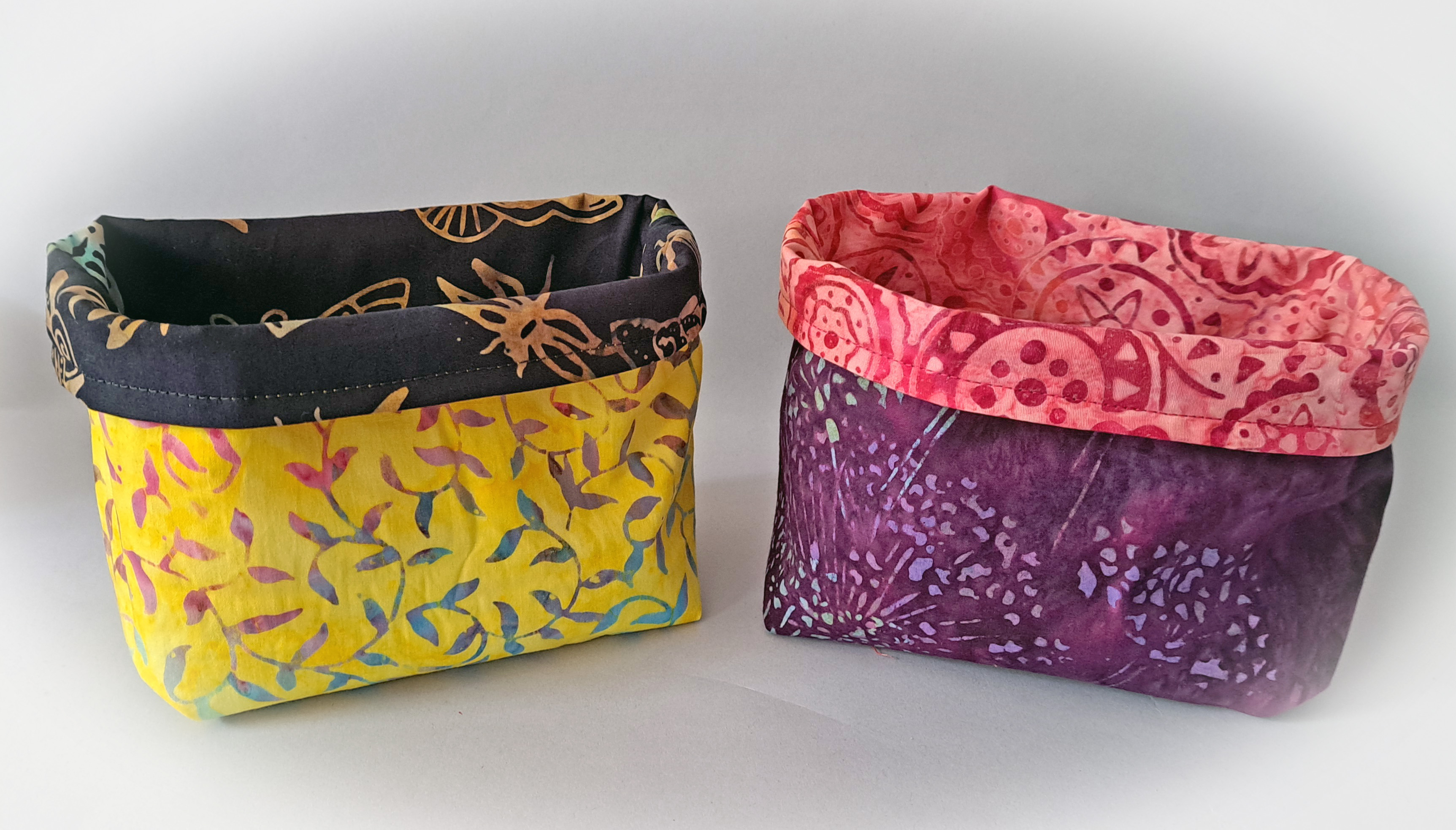 Handmade Reversible Fabric Storage or Gift Basket - Yellow or Purple Batik Fabric