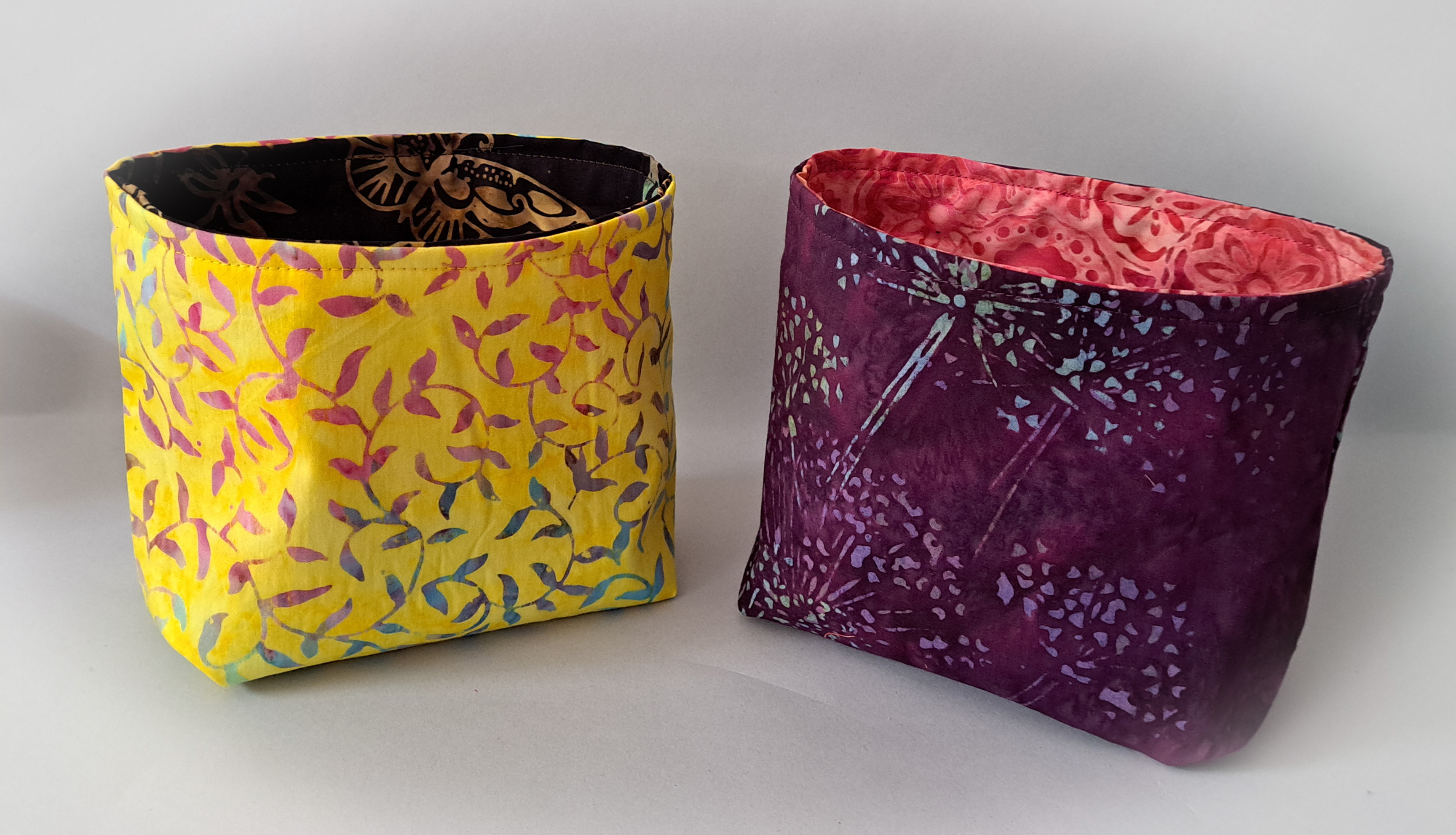 Handmade Reversible Fabric Storage or Gift Basket - Yellow or Purple Batik Fabric