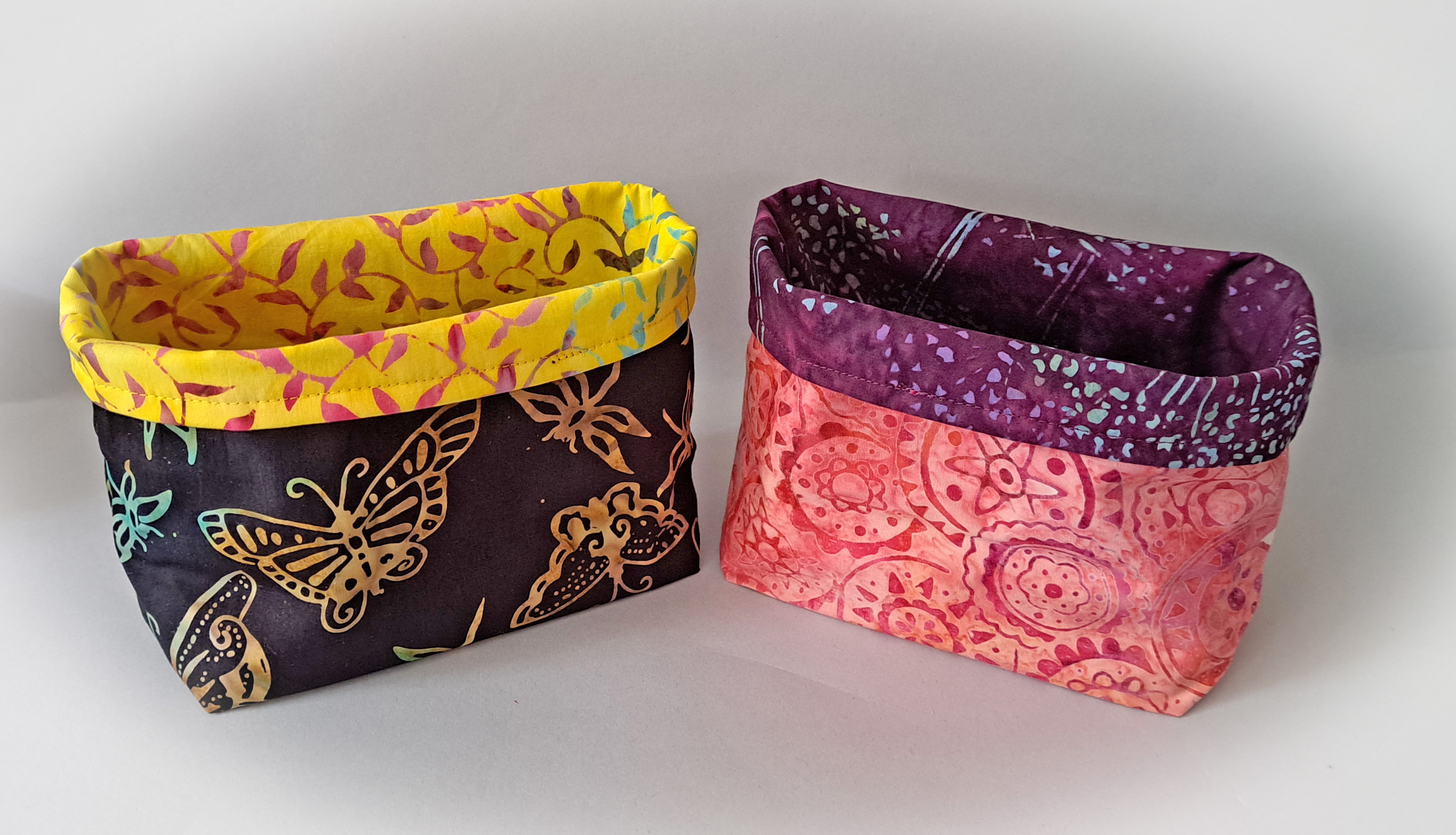 Handmade Reversible Fabric Storage or Gift Basket - Yellow or Purple Batik Fabric
