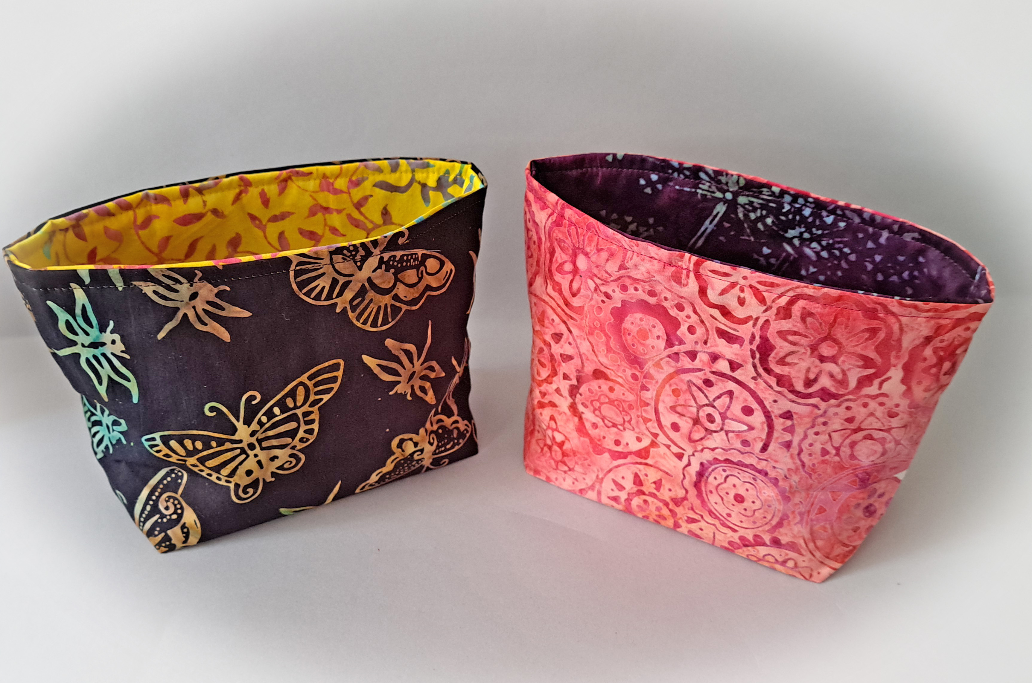 Handmade Reversible Fabric Storage or Gift Basket - Yellow or Purple Batik Fabric