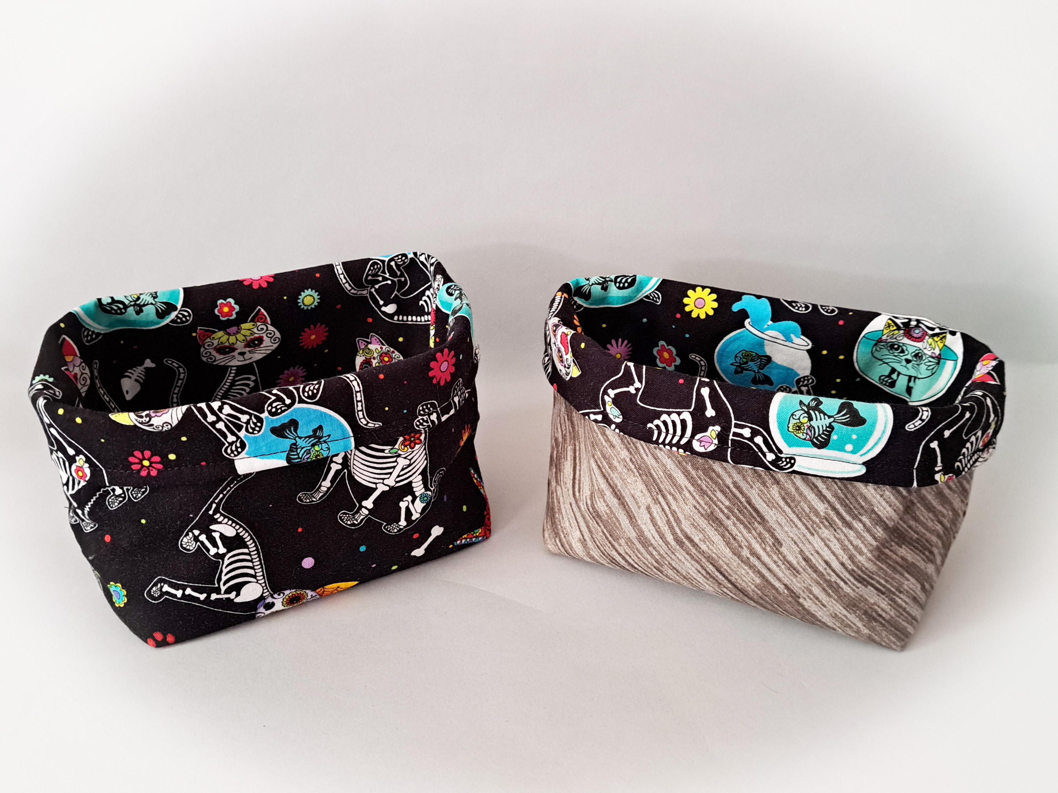 Handmade Reversible Fabric Storage or Gift Basket - Skeleton Cat or Dog Fabric