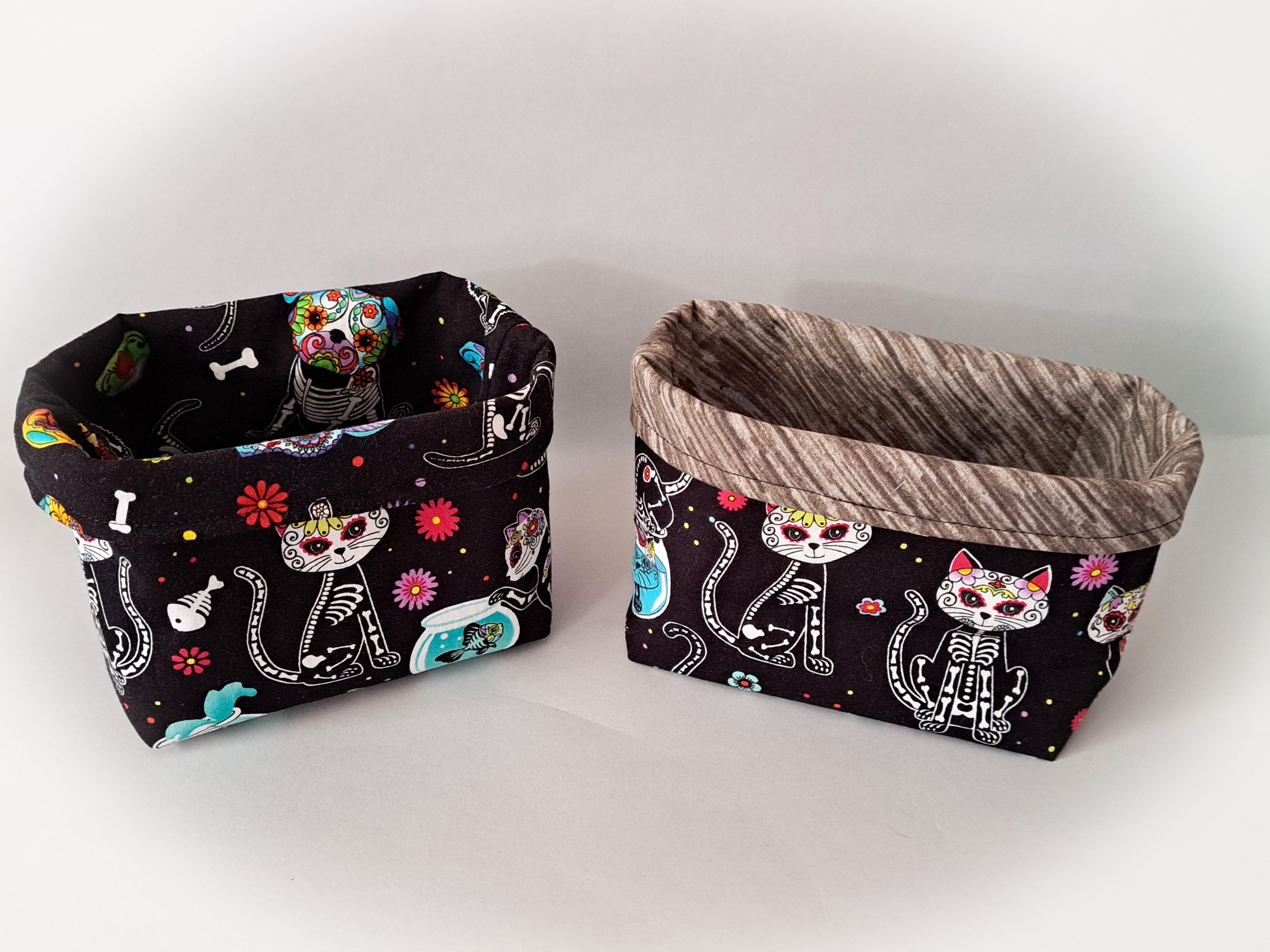Handmade Reversible Fabric Storage or Gift Basket - Skeleton Cat or Dog Fabric