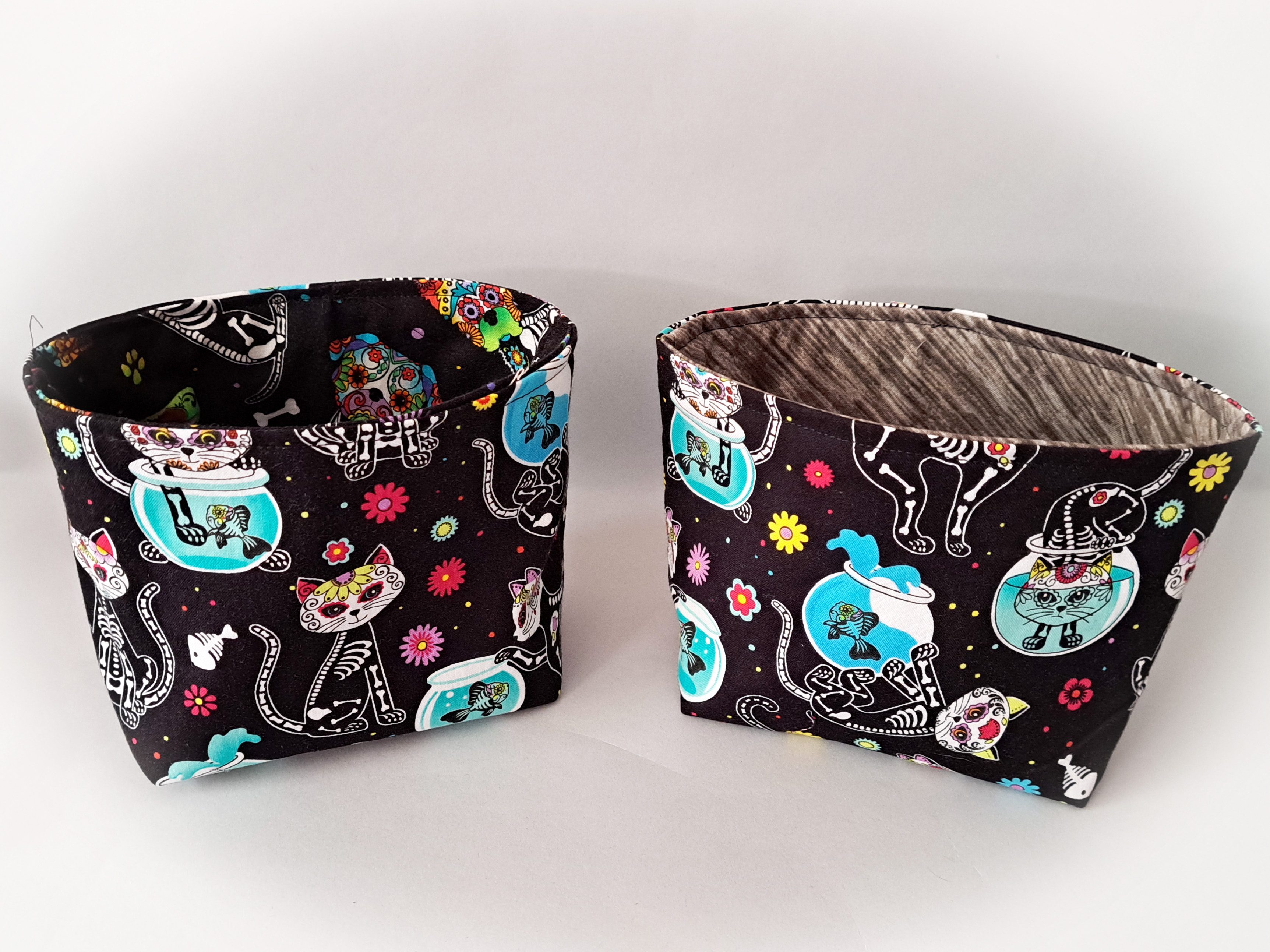 Handmade Reversible Fabric Storage or Gift Basket - Skeleton Cat or Dog Fabric
