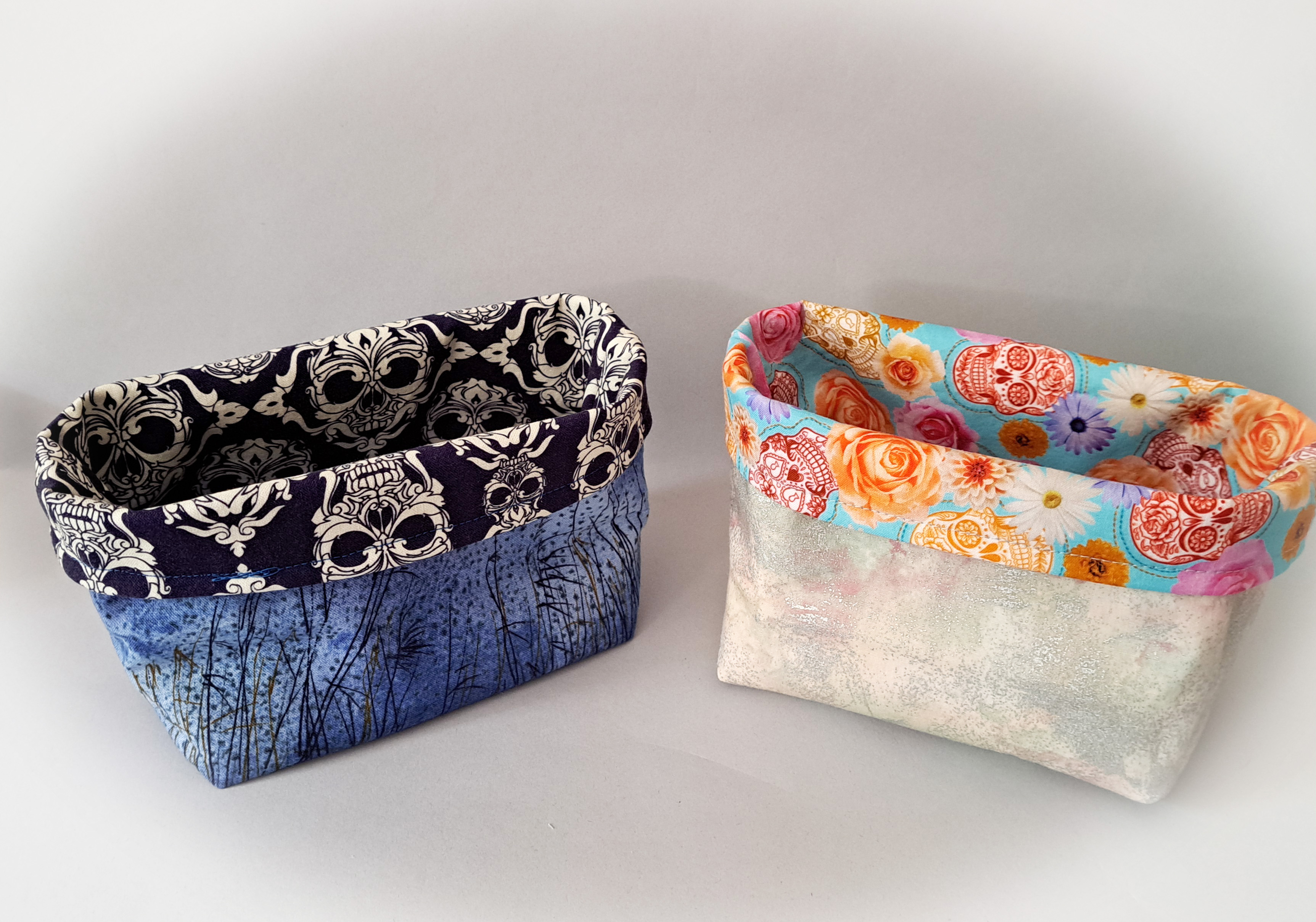 Handmade Reversible Fabric Storage or Gift Basket - Dark Blue or Turquoise Skull Fabric