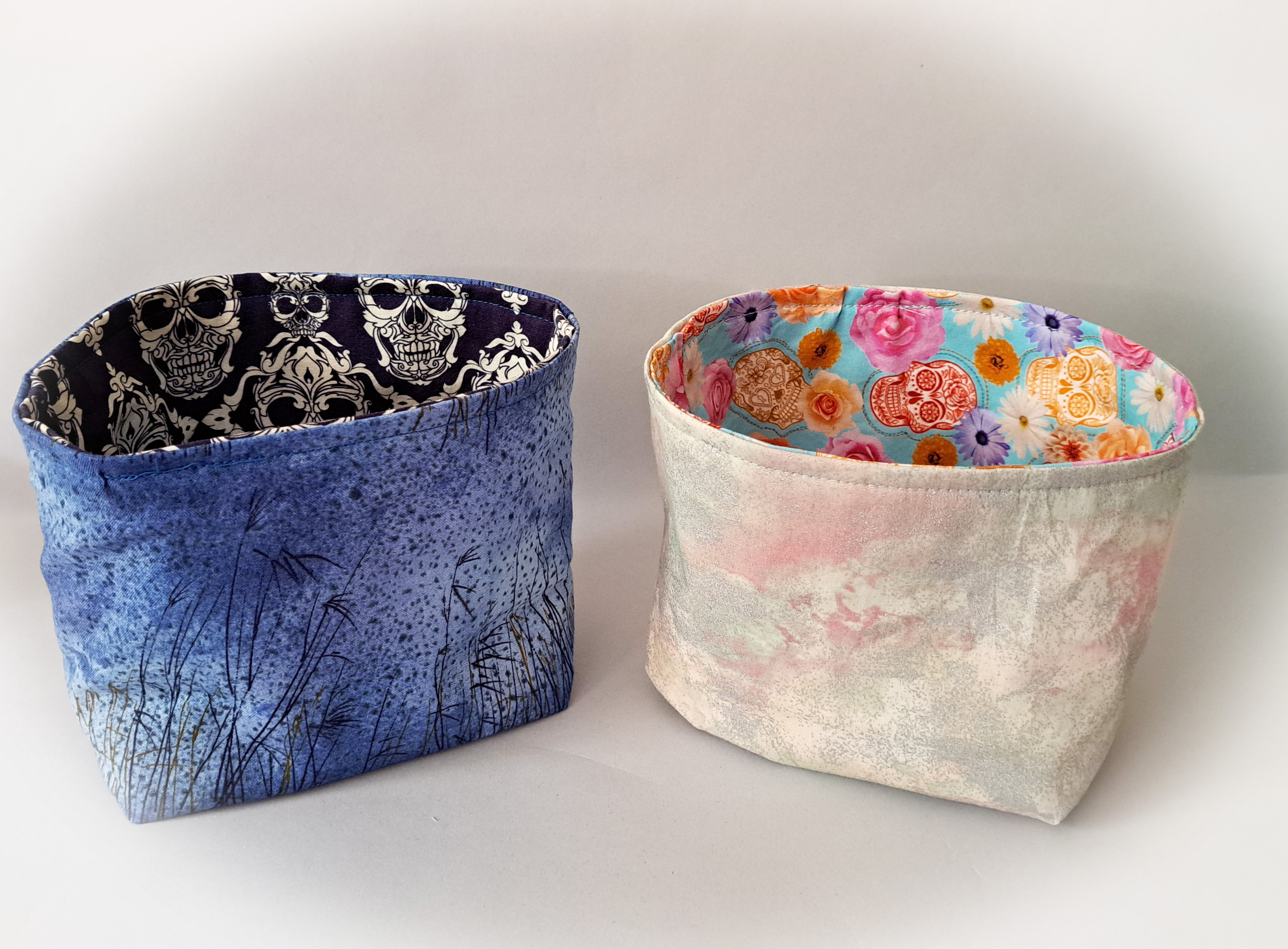 Handmade Reversible Fabric Storage or Gift Basket - Dark Blue or Turquoise Skull Fabric