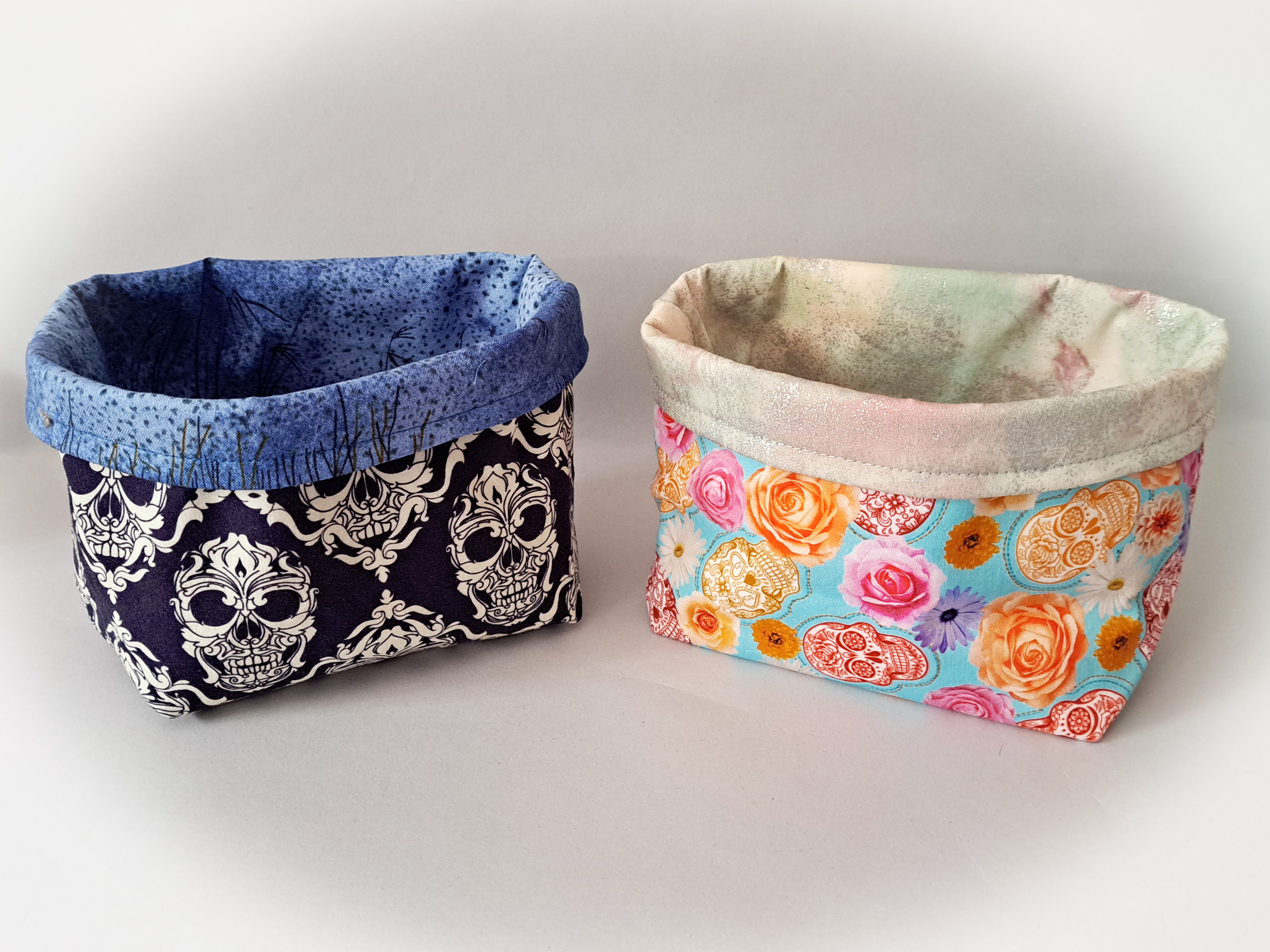 Handmade Reversible Fabric Storage or Gift Basket - Dark Blue or Turquoise Skull Fabric