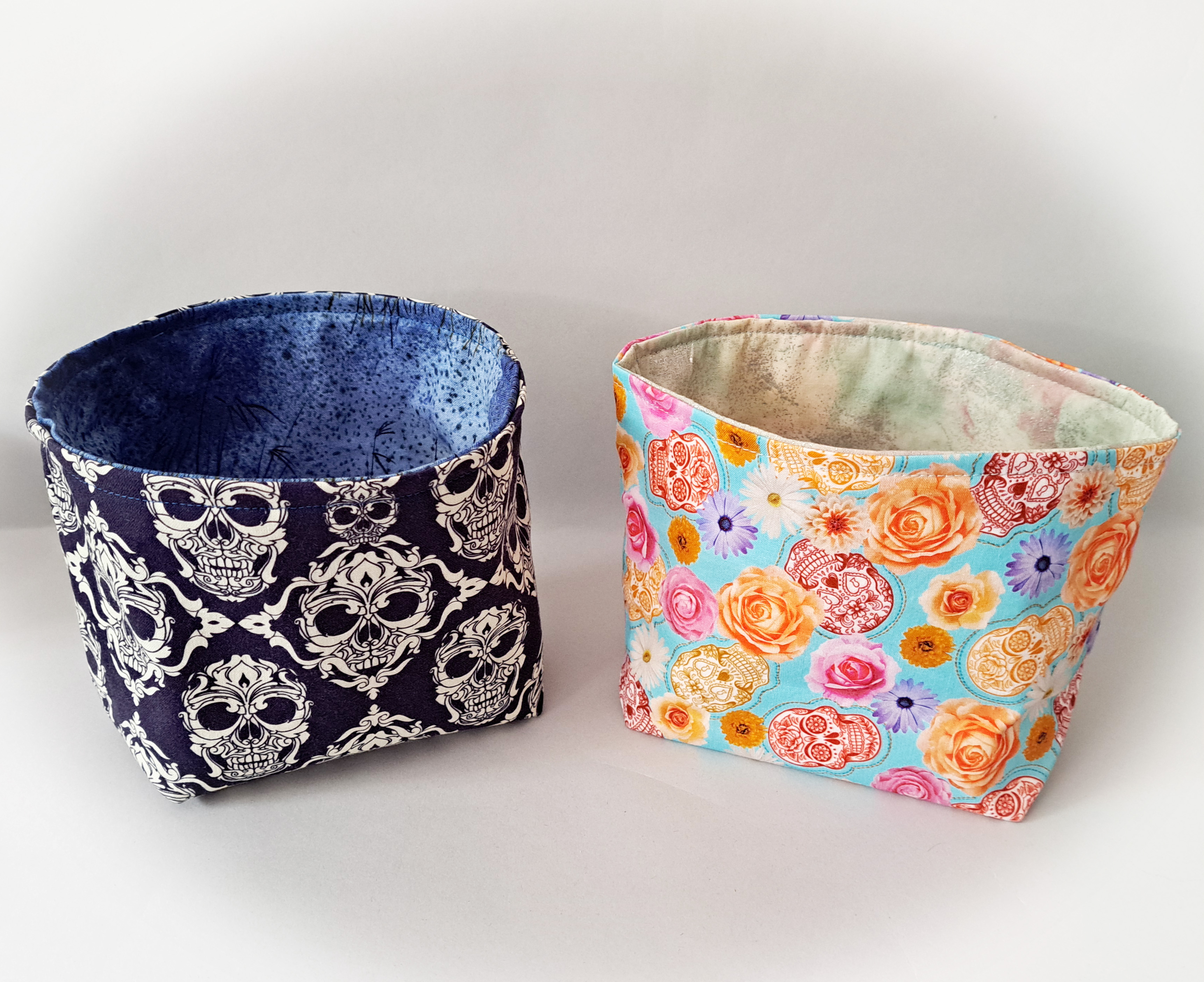 Handmade Reversible Fabric Storage or Gift Basket - Dark Blue or Turquoise Skull Fabric