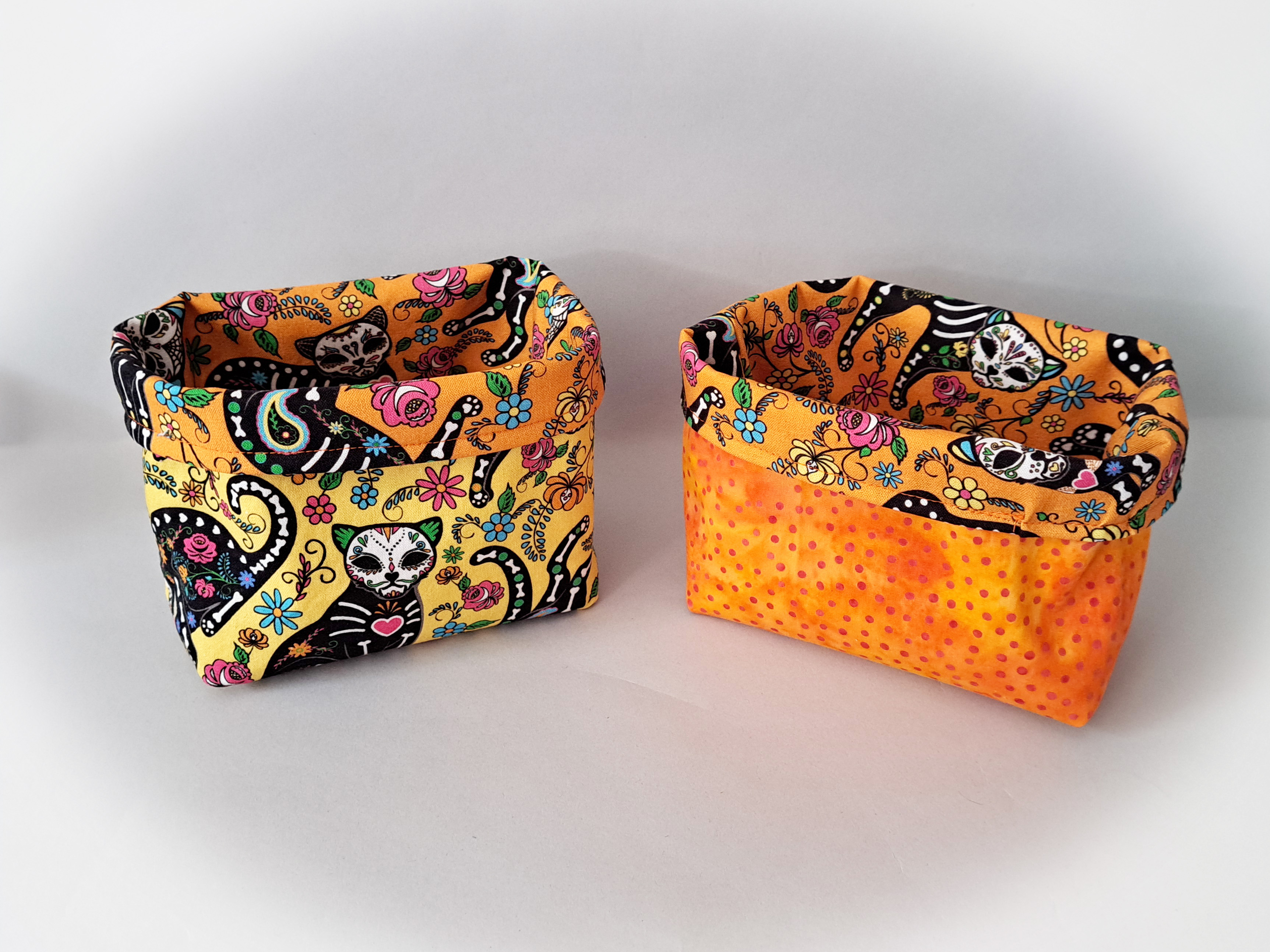 Handmade Reversible Fabric Storage or Gift Basket - Orange Cat or Yellow Cat Fabric