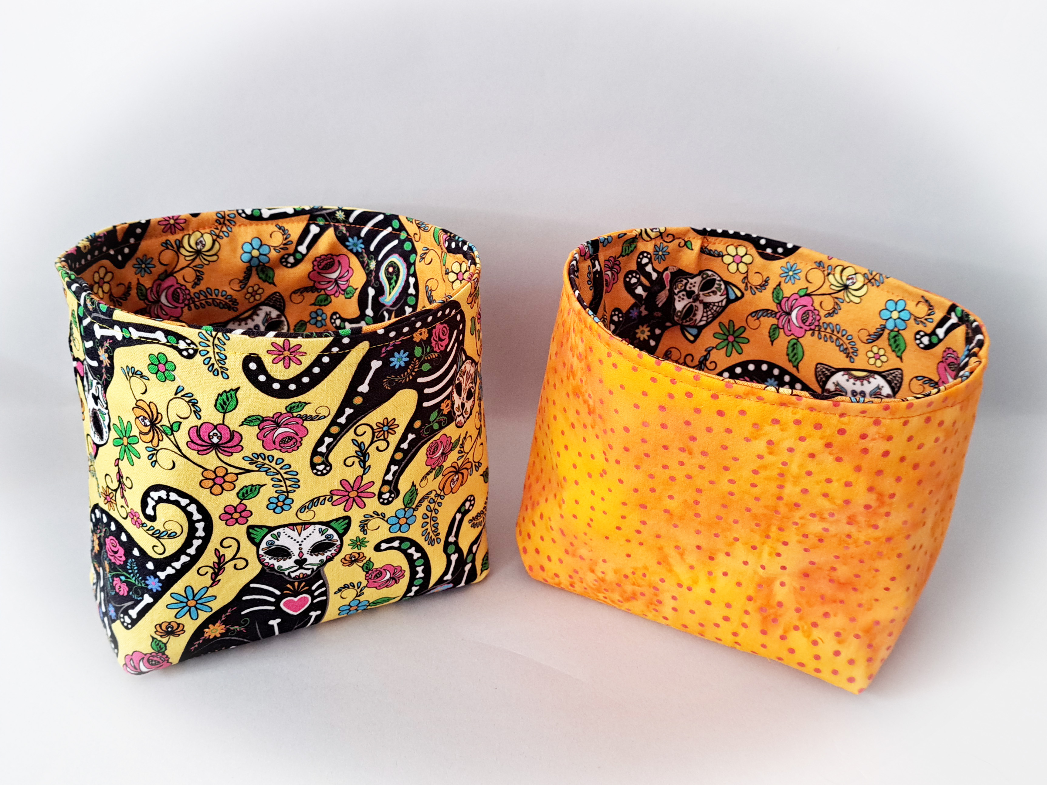Handmade Reversible Fabric Storage or Gift Basket - Orange Cat or Yellow Cat Fabric