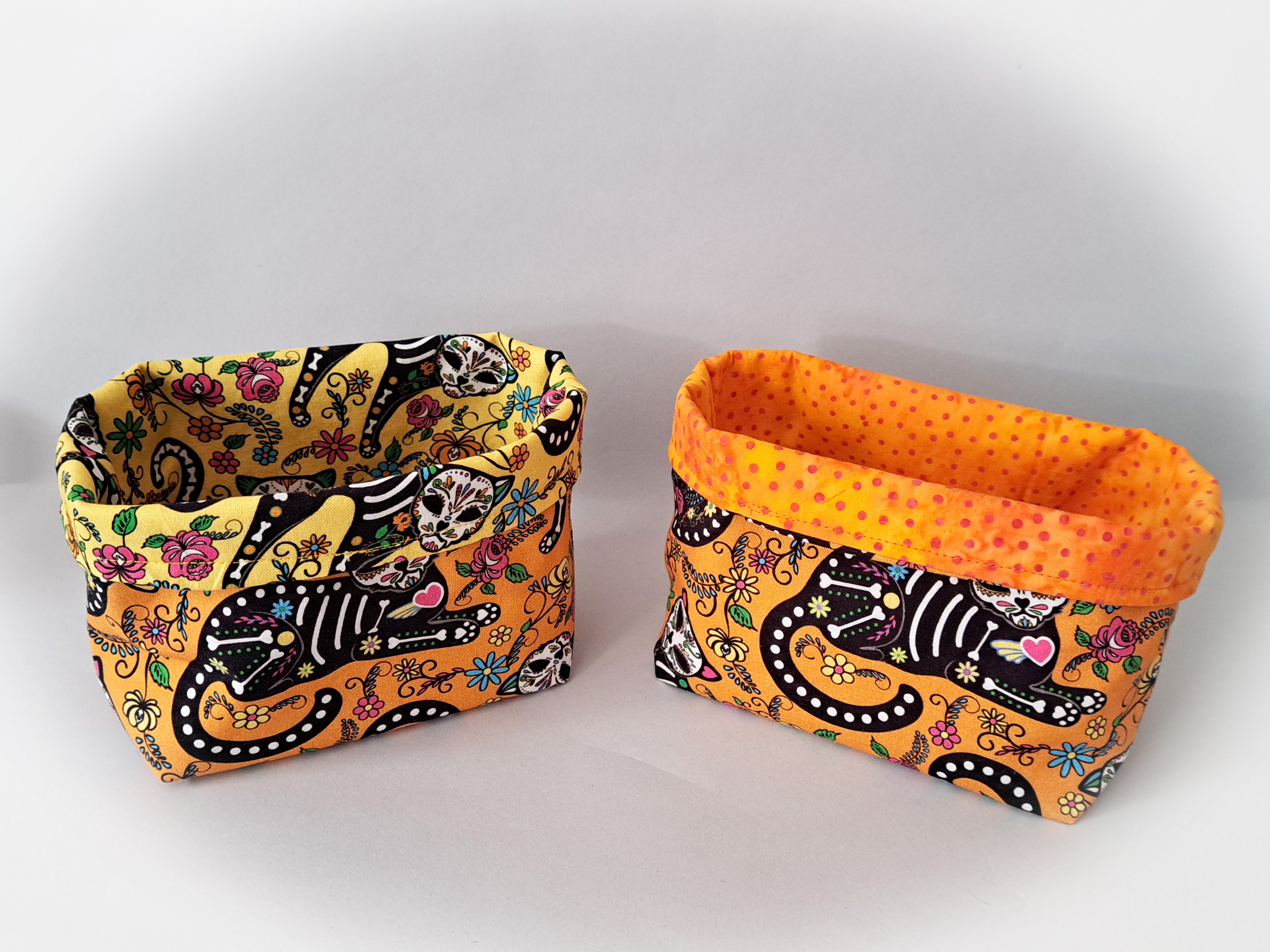 Handmade Reversible Fabric Storage or Gift Basket - Orange Cat or Yellow Cat Fabric