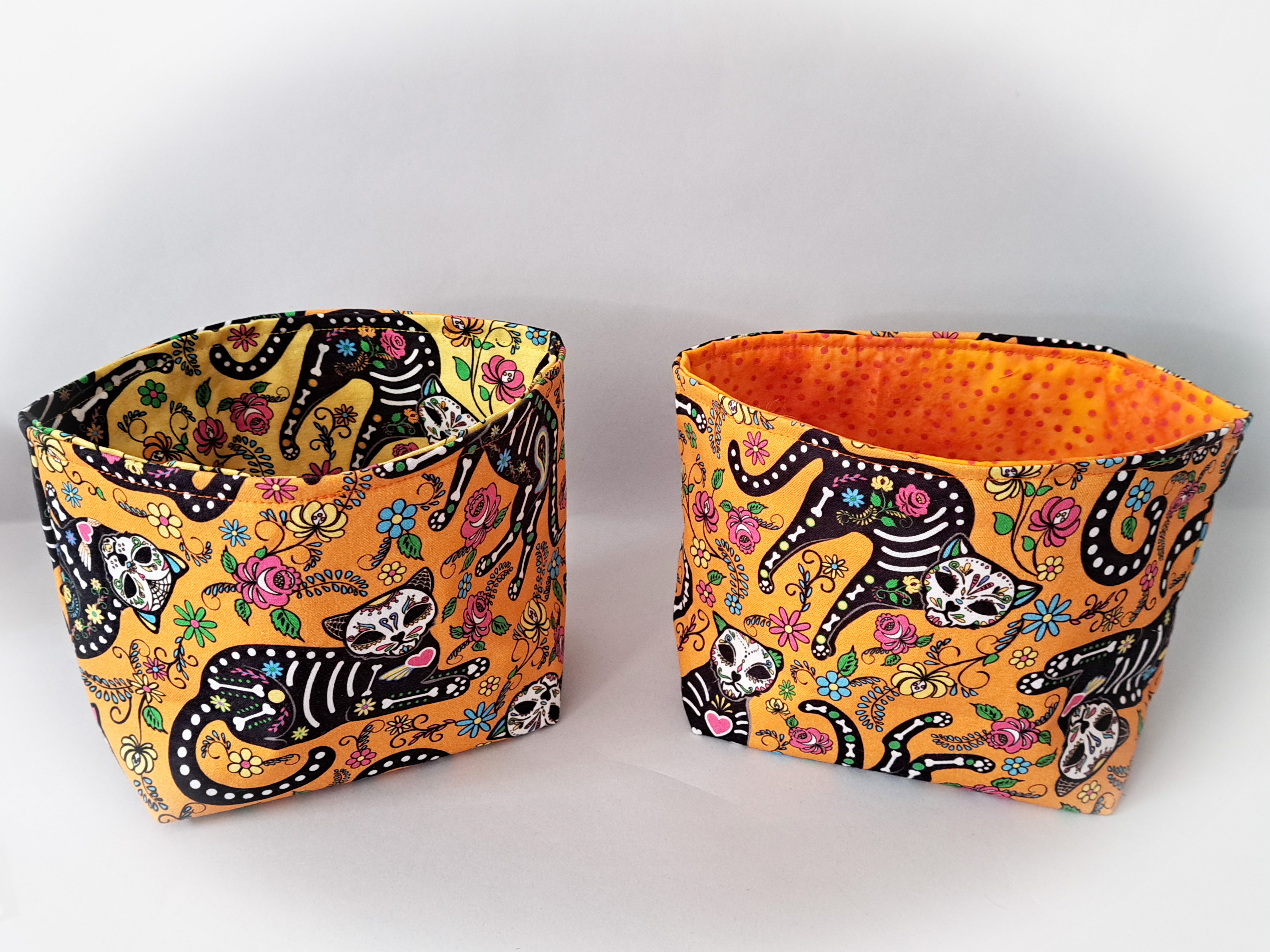 Handmade Reversible Fabric Storage or Gift Basket - Orange Cat or Yellow Cat Fabric