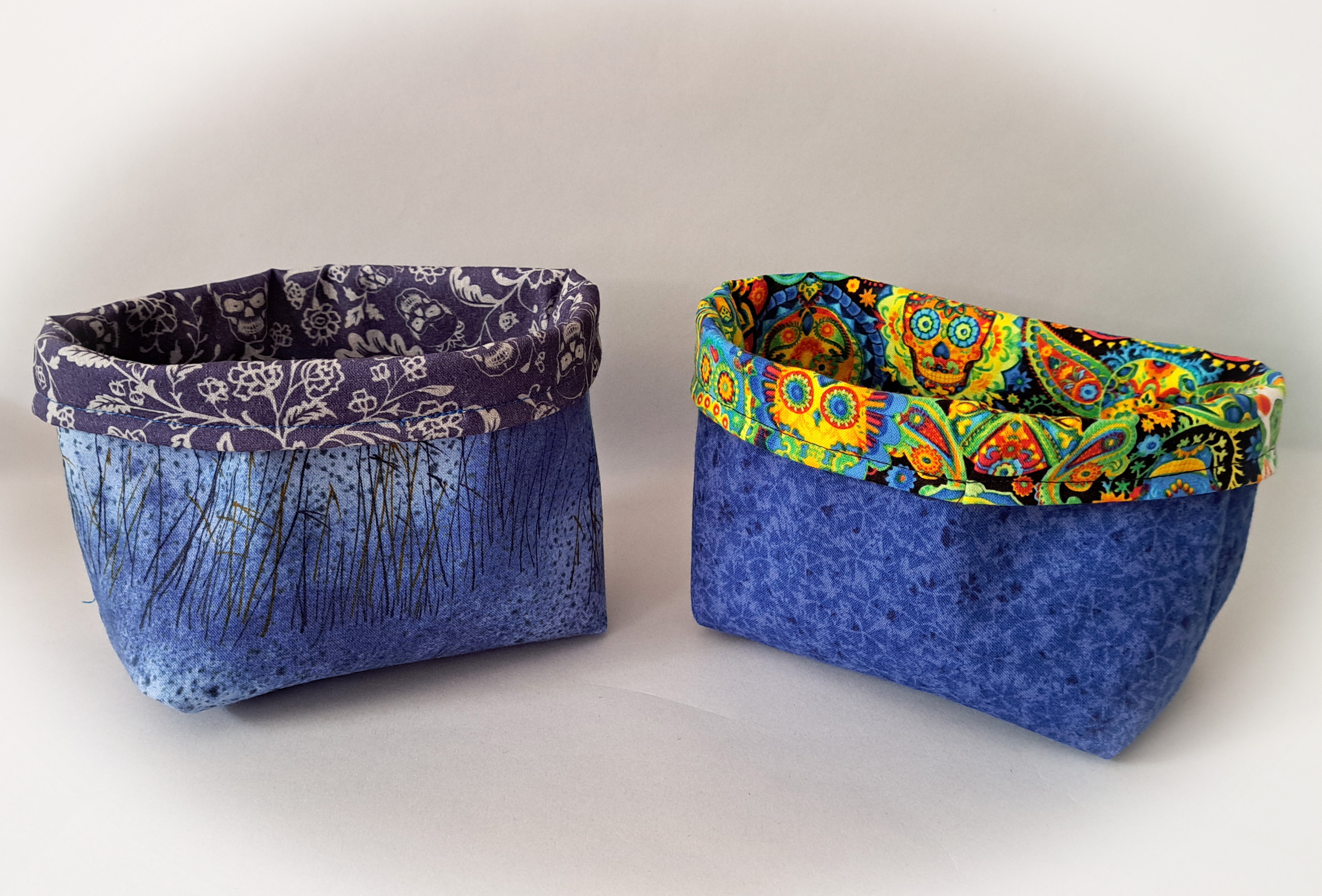 Handmade Reversible Fabric Storage or Gift Basket - Dark Blue Skulls or Colorful Skulls Fabric