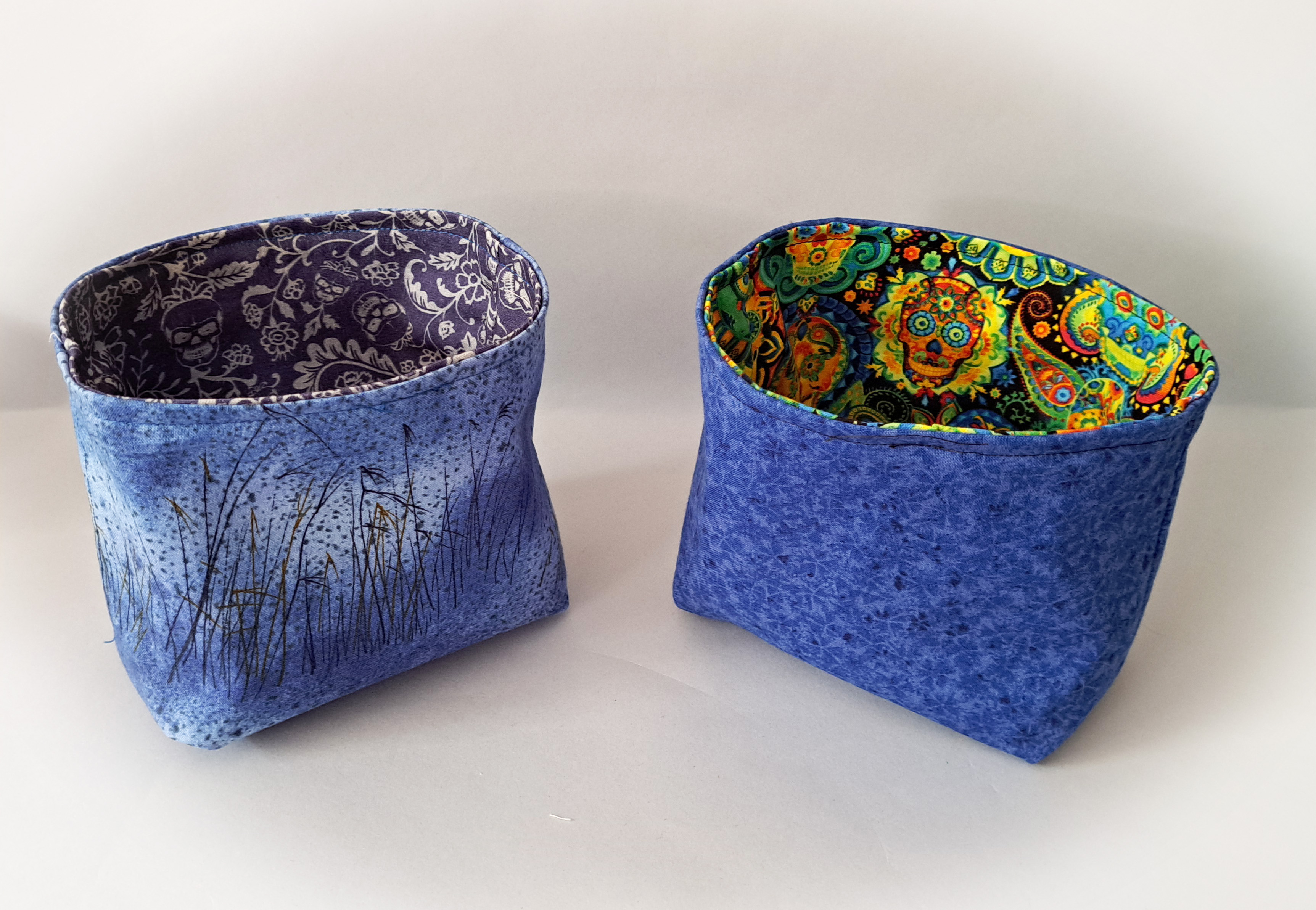 Handmade Reversible Fabric Storage or Gift Basket - Dark Blue Skulls or Colorful Skulls Fabric