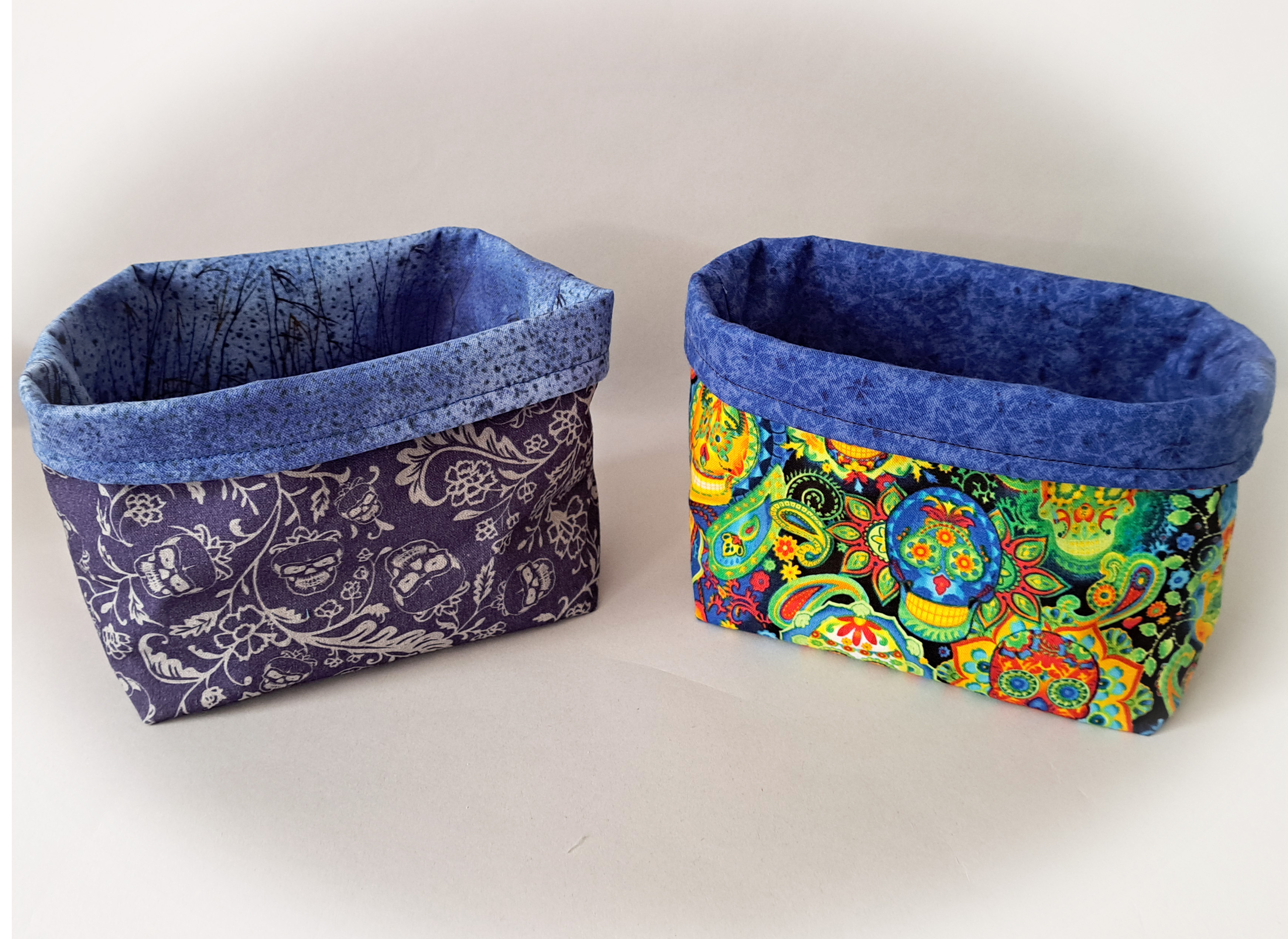 Handmade Reversible Fabric Storage or Gift Basket - Dark Blue Skulls or Colorful Skulls Fabric
