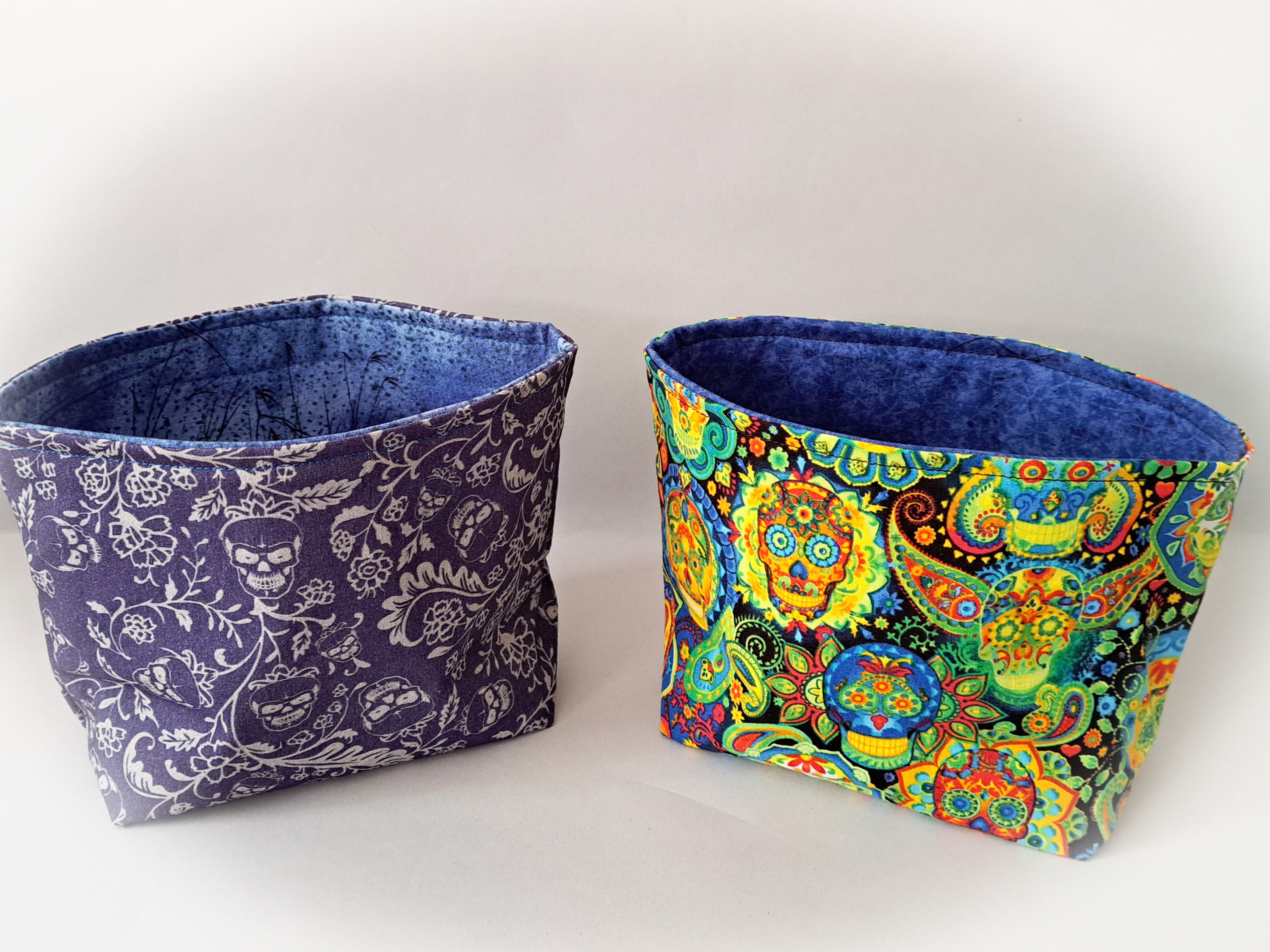 Handmade Reversible Fabric Storage or Gift Basket - Dark Blue Skulls or Colorful Skulls Fabric