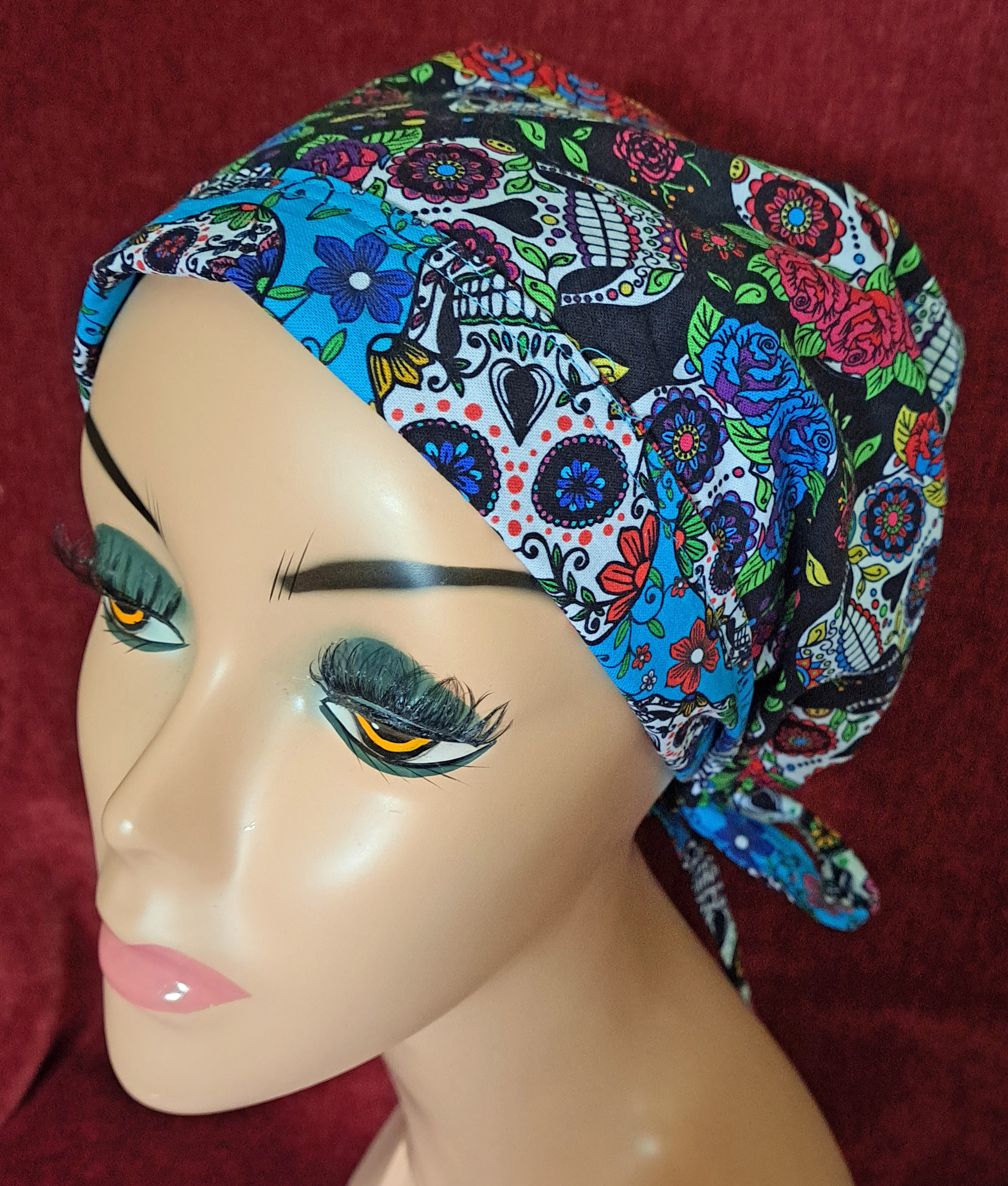 Handmade Sugar Skulls Reversible Pony Tail Scrub Cap - Turquoise Sugar Skull Fabric Reverses to Black Sugar Skull Fabric