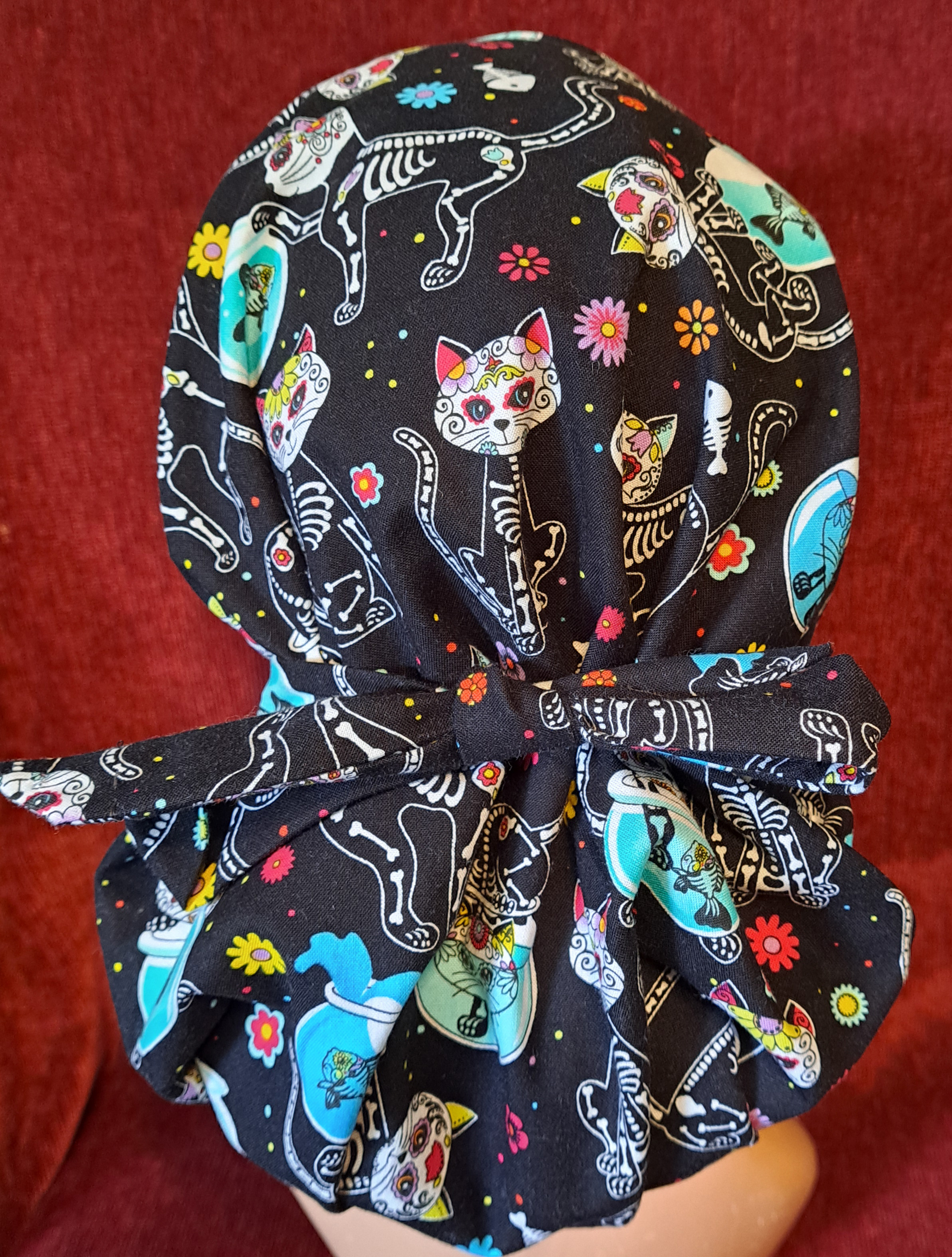 Handmade Reversible Pony Tail Scrub Cap - Black Cat Fabric