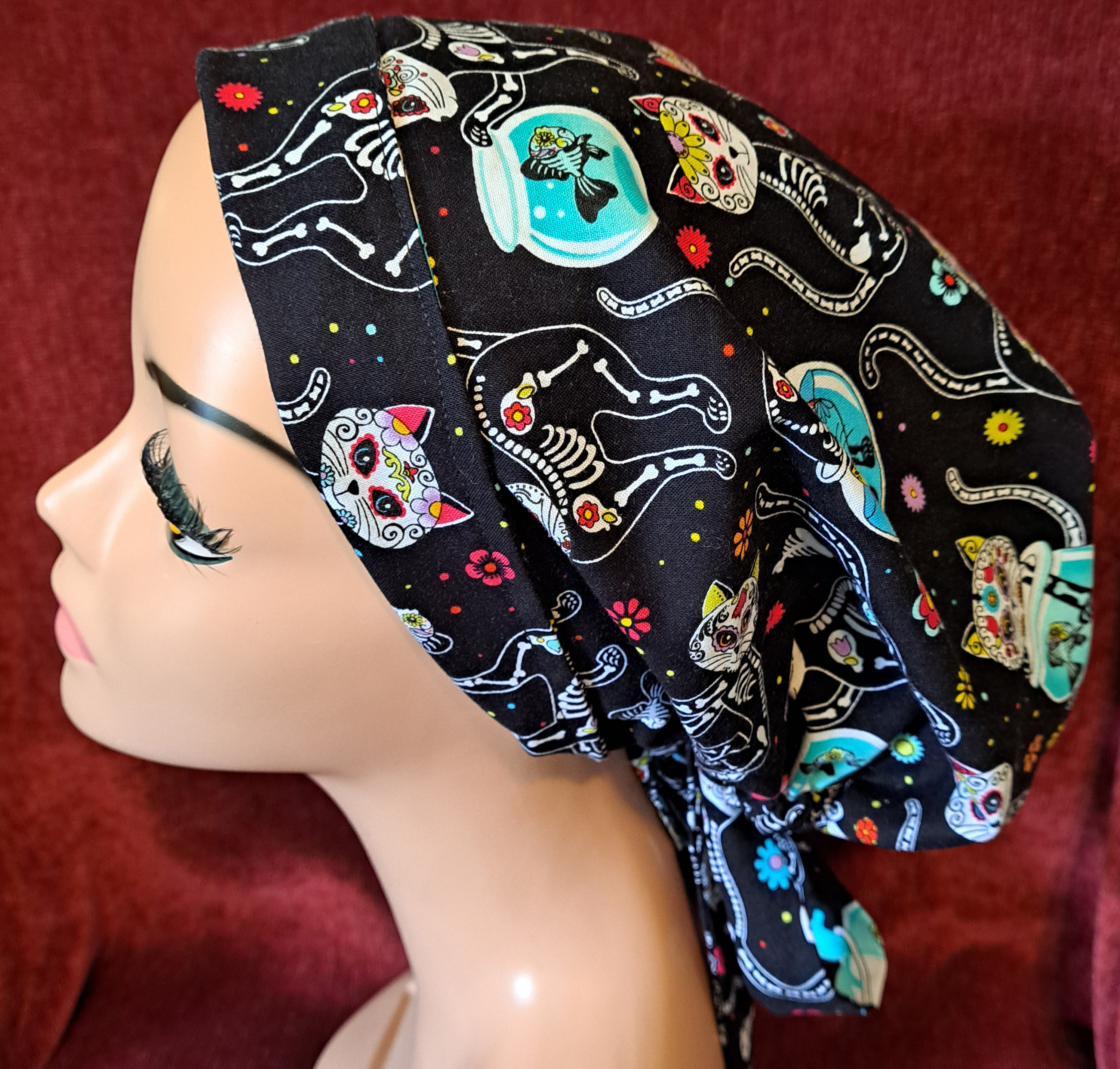 Handmade Reversible Pony Tail Scrub Cap - Black Cat Fabric