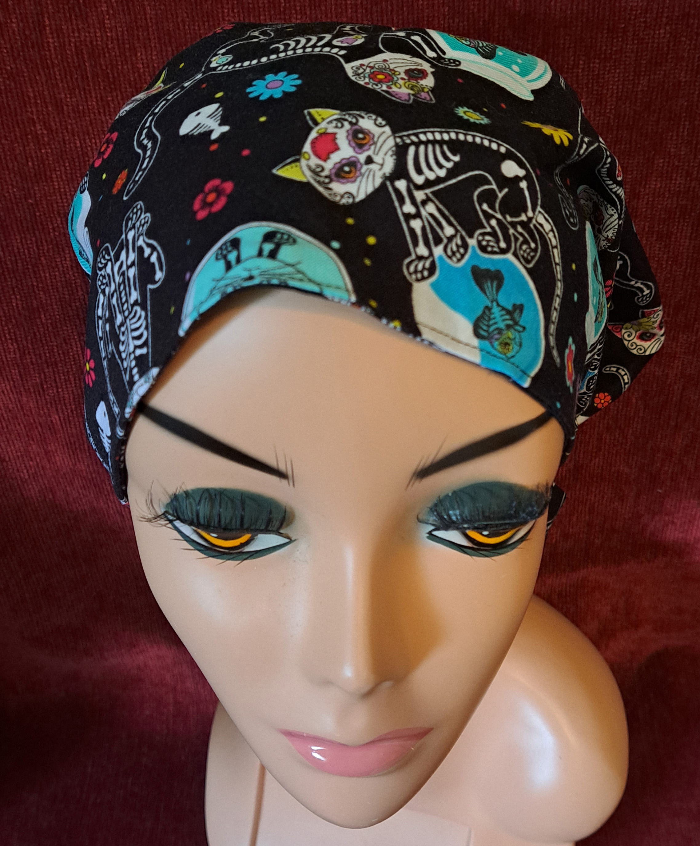 Handmade Reversible Pony Tail Scrub Cap - Black Cat Fabric