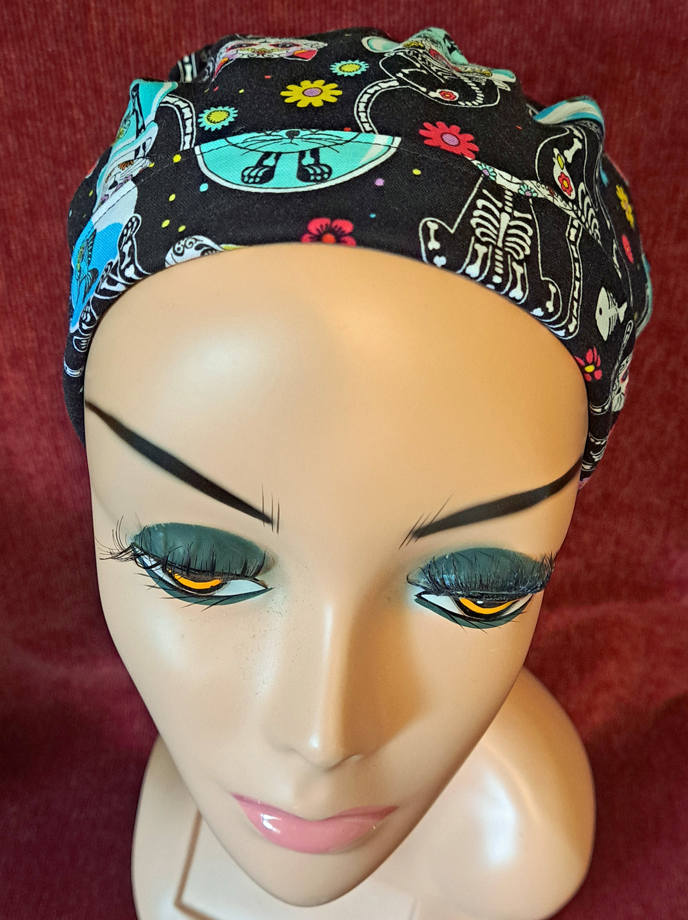 Handmade Reversible Pony Tail Scrub Cap - Black Cat Fabric