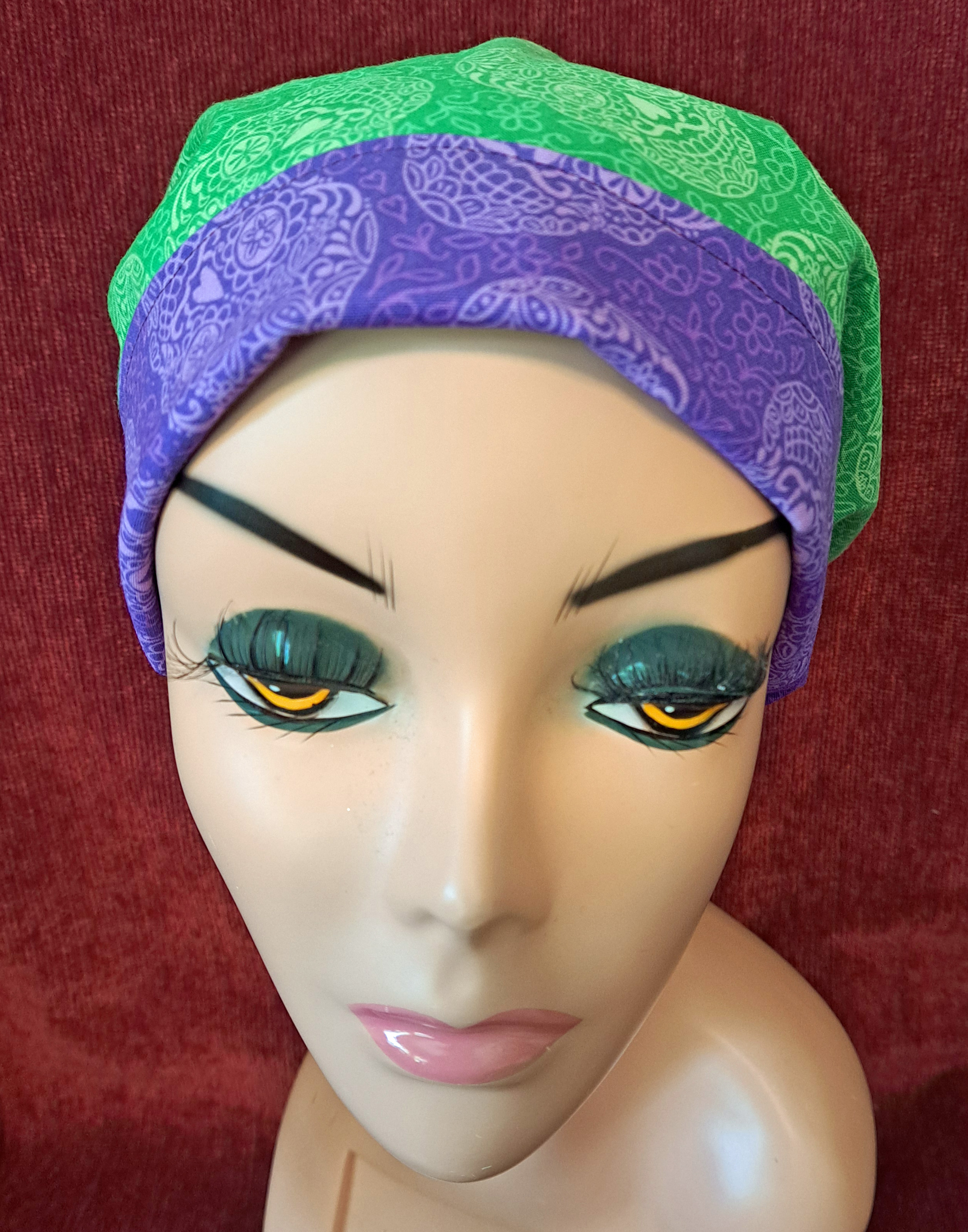 Handmade Reversible Pony Tail Scrub Cap - Turquoise Sugar Skull Fabric Reverses to Green Sugar Skull Fabric